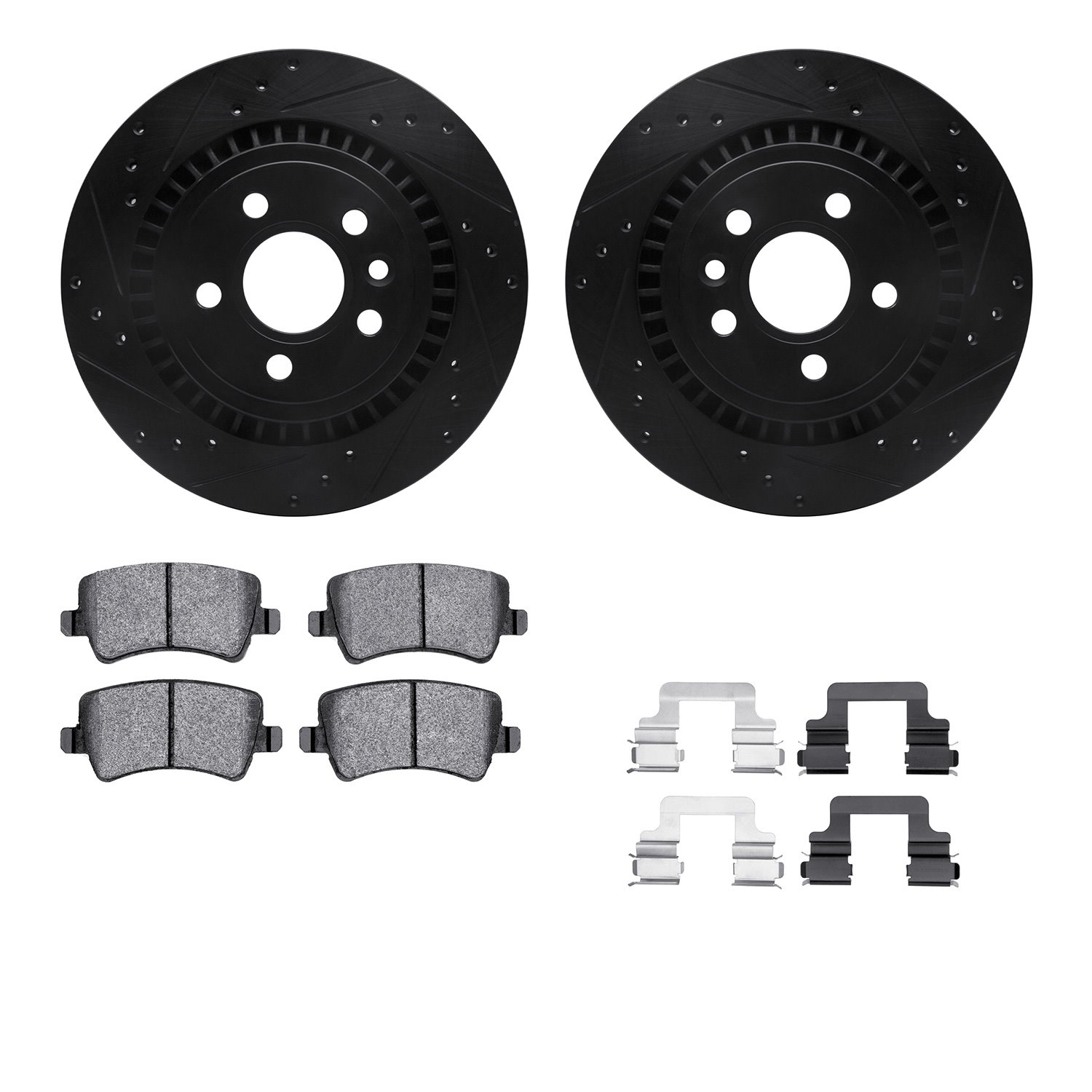 8512-27068 Drilled/Slotted Brake Rotors w/5000 Advanced Brake Pads Kit & Hardware [Black], 2016-2018 Volvo, Position: Rear