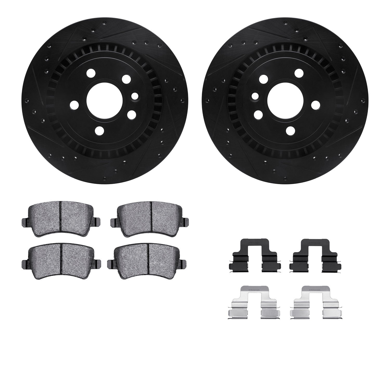 8512-27069 Drilled/Slotted Brake Rotors w/5000 Advanced Brake Pads Kit & Hardware [Black], 2008-2016 Volvo, Position: Rear