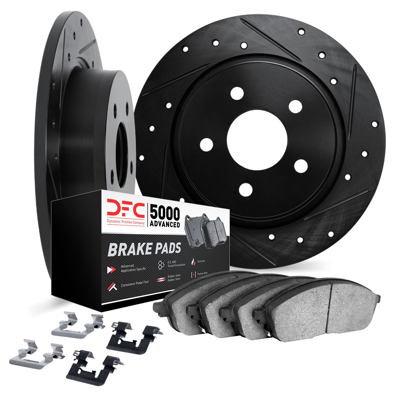 8512-31003 Drilled/Slotted Brake Rotors w/5000 Advanced Brake Pads Kit & Hardware [Black], 1979-1981 BMW, Position: Rear