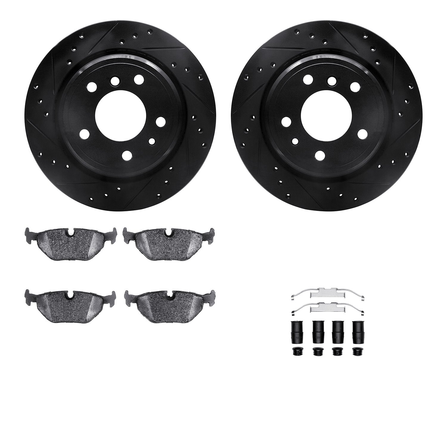 8512-31033 Drilled/Slotted Brake Rotors w/5000 Advanced Brake Pads Kit & Hardware [Black], 1991-1995 BMW, Position: Rear