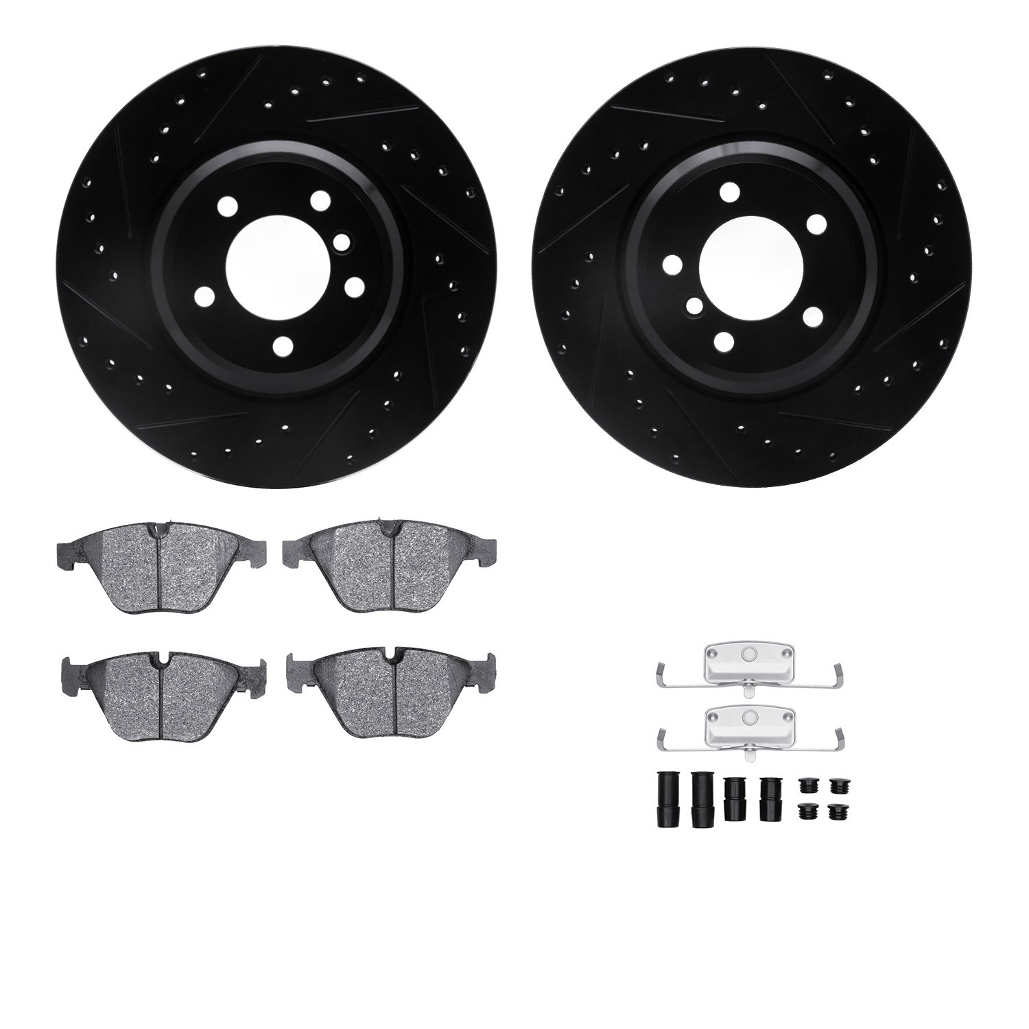 8512-31070 Drilled/Slotted Brake Rotors w/5000 Advanced Brake Pads Kit & Hardware [Black], 2007-2015 BMW, Position: Front