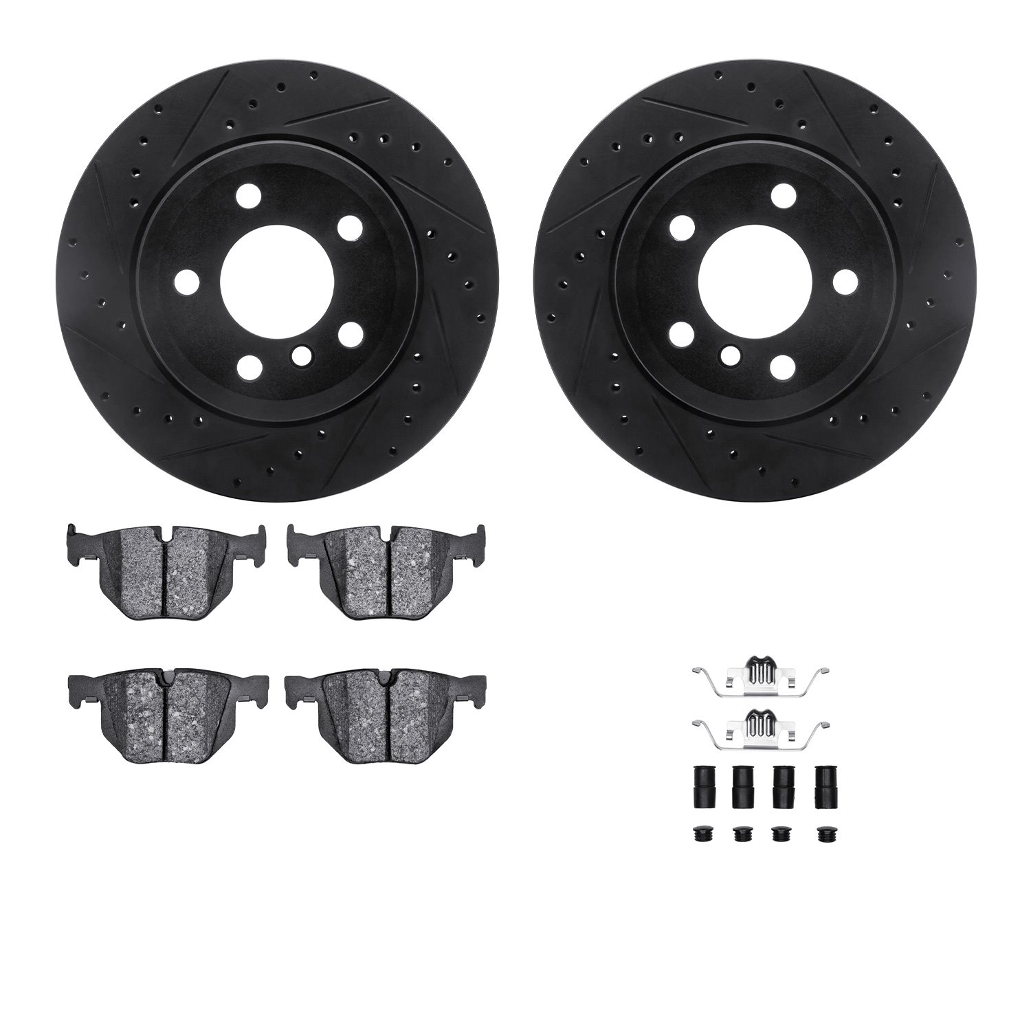8512-31081 Drilled/Slotted Brake Rotors w/5000 Advanced Brake Pads Kit & Hardware [Black], 2008-2019 BMW, Position: Rear