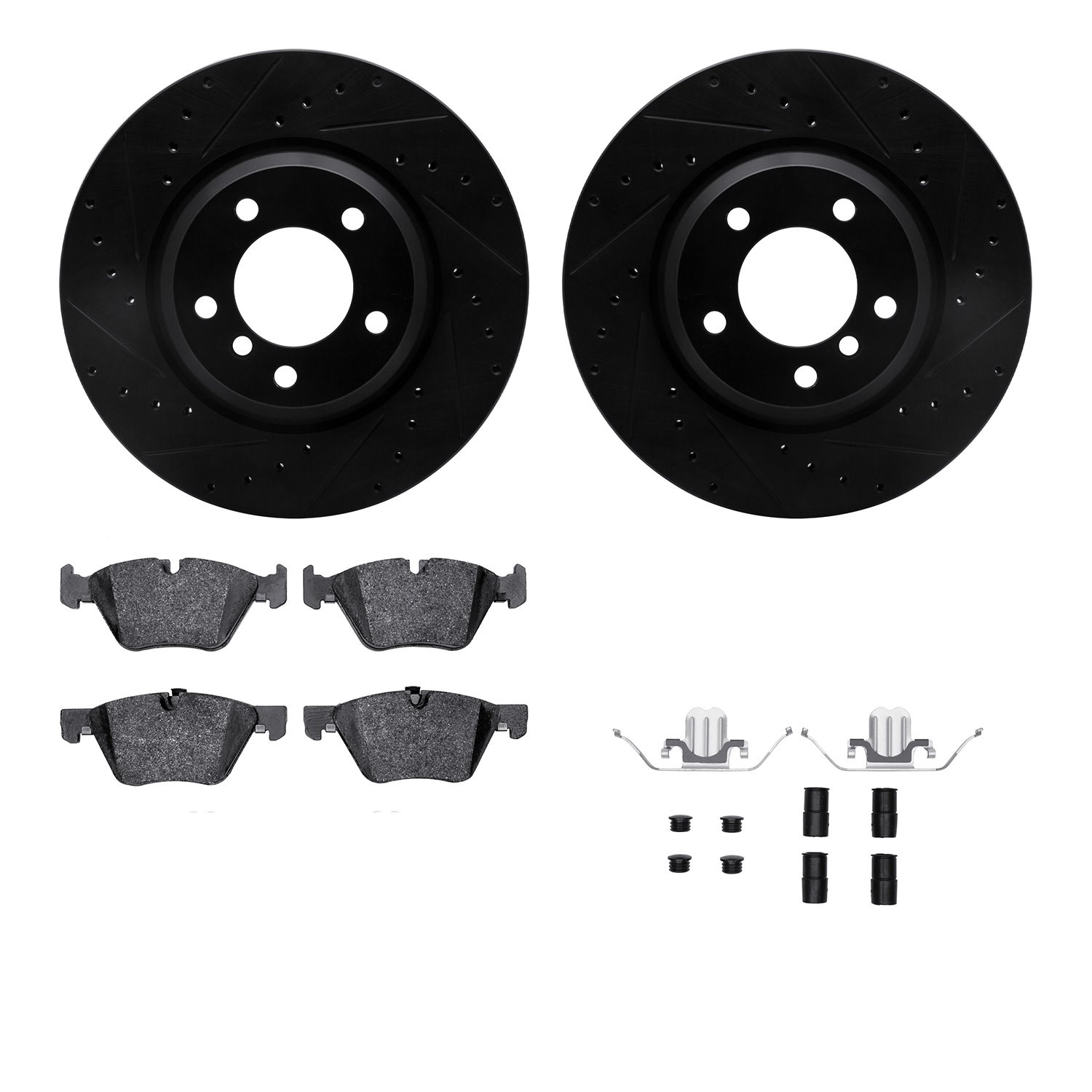 8512-31083 Drilled/Slotted Brake Rotors w/5000 Advanced Brake Pads Kit & Hardware [Black], 2011-2012 BMW, Position: Front