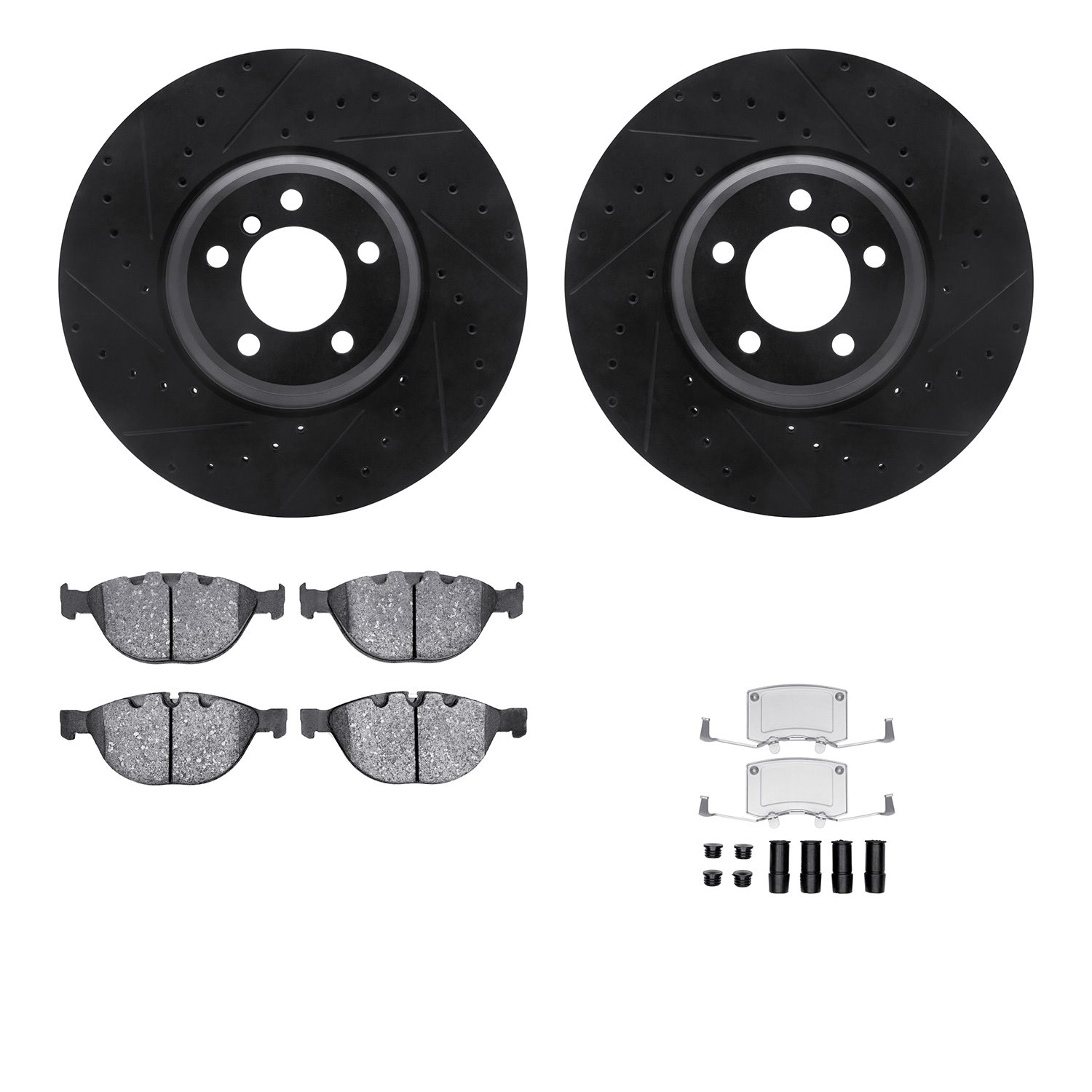 8512-31084 Drilled/Slotted Brake Rotors w/5000 Advanced Brake Pads Kit & Hardware [Black], 2007-2008 BMW, Position: Front