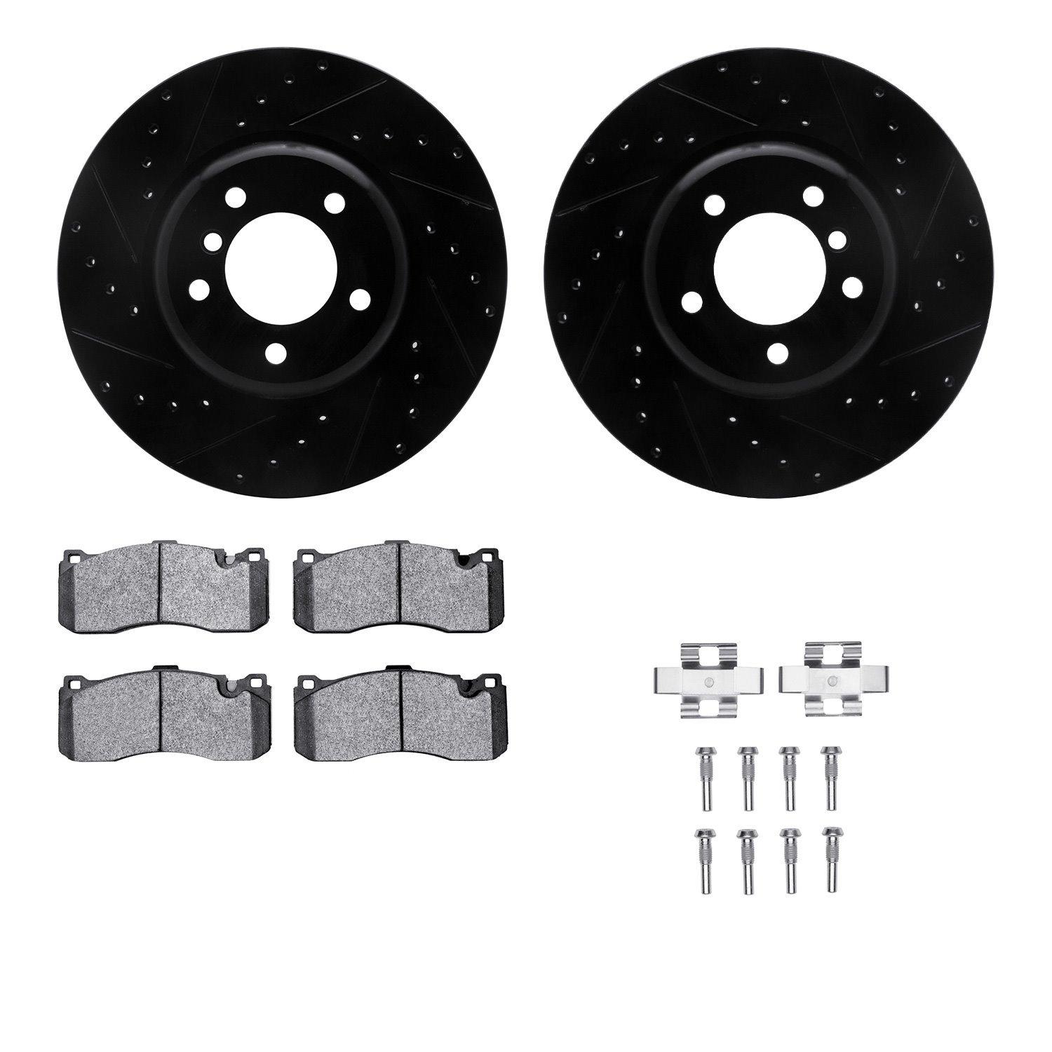 8512-31086 Drilled/Slotted Brake Rotors w/5000 Advanced Brake Pads Kit & Hardware [Black], 2006-2013 BMW, Position: Front
