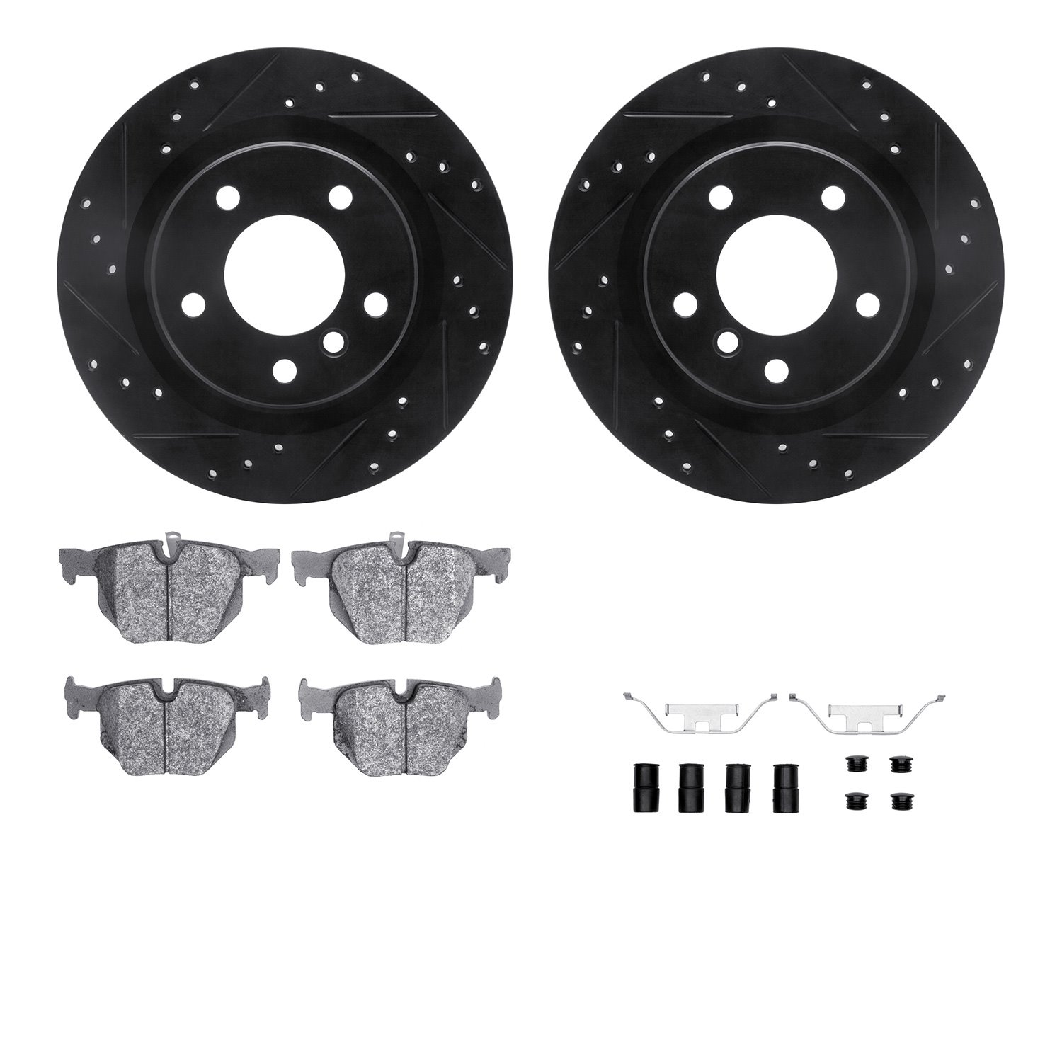 8512-31087 Drilled/Slotted Brake Rotors w/5000 Advanced Brake Pads Kit & Hardware [Black], 2006-2015 BMW, Position: Rear