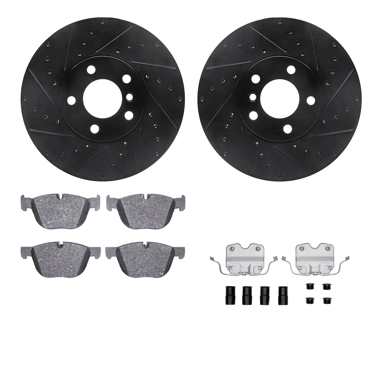 8512-31093 Drilled/Slotted Brake Rotors w/5000 Advanced Brake Pads Kit & Hardware [Black], 2014-2019 BMW, Position: Front