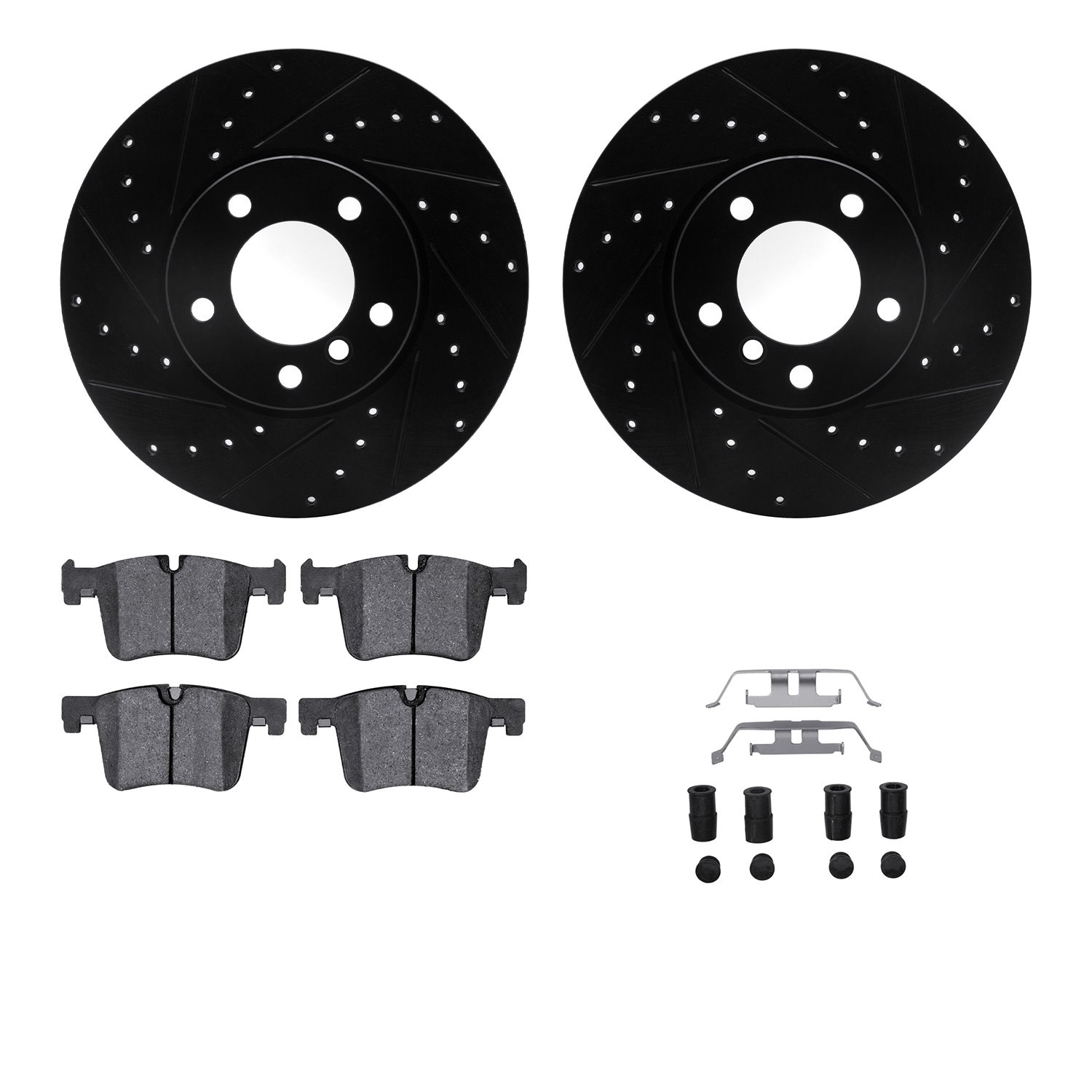 8512-31095 Drilled/Slotted Brake Rotors w/5000 Advanced Brake Pads Kit & Hardware [Black], 2013-2013 BMW, Position: Front
