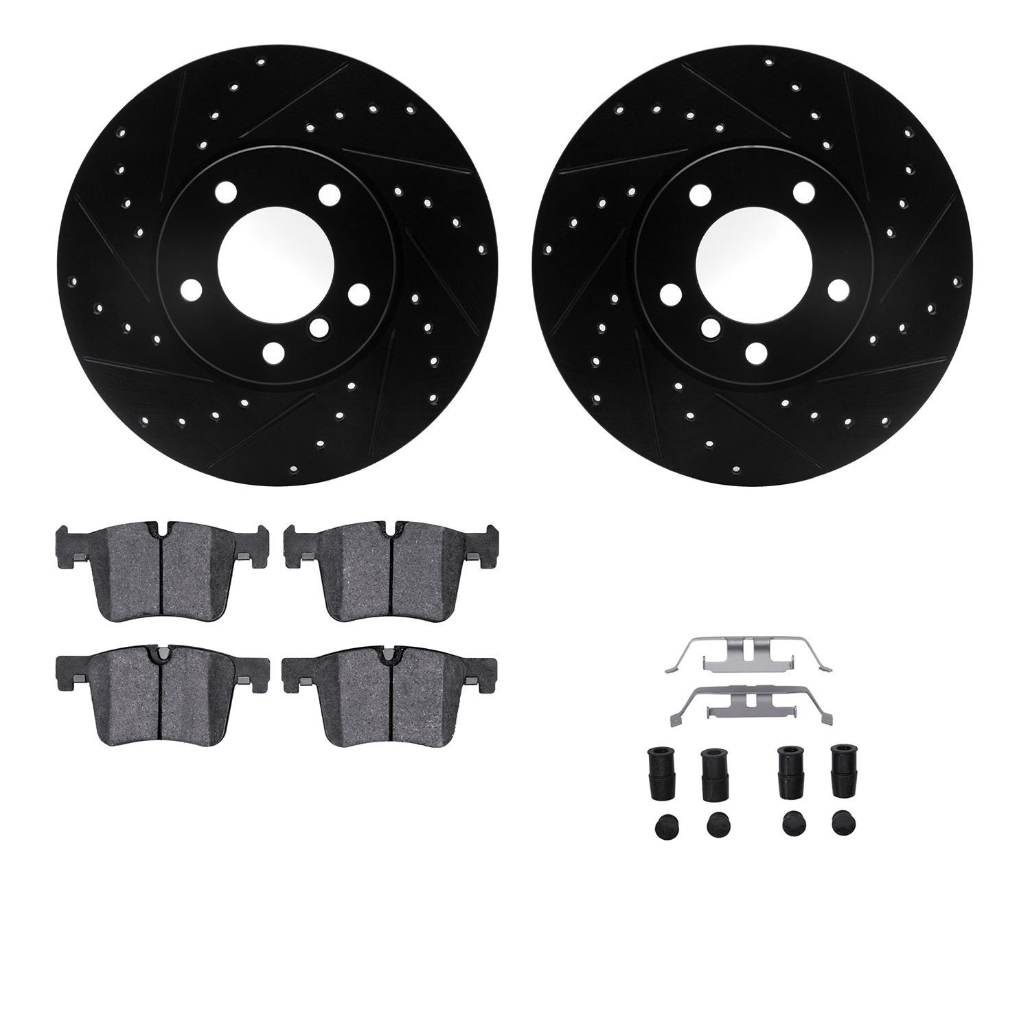 8512-31096 Drilled/Slotted Brake Rotors w/5000 Advanced Brake Pads Kit & Hardware [Black], 2012-2021 BMW, Position: Front