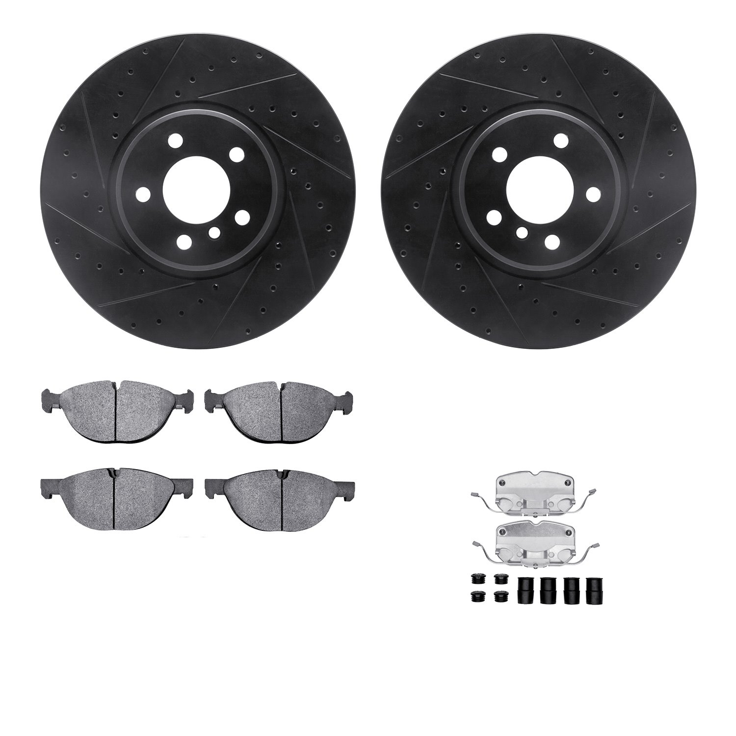 8512-31097 Drilled/Slotted Brake Rotors w/5000 Advanced Brake Pads Kit & Hardware [Black], 2014-2019 BMW, Position: Front