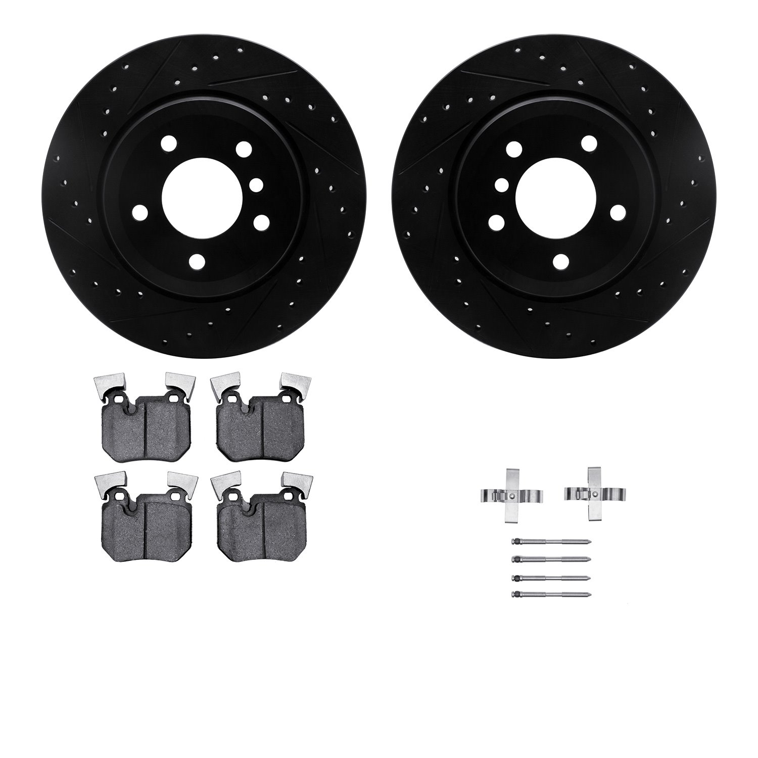 8512-31098 Drilled/Slotted Brake Rotors w/5000 Advanced Brake Pads Kit & Hardware [Black], 2008-2013 BMW, Position: Rear