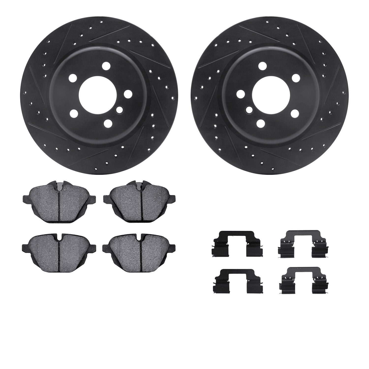 8512-31116 Drilled/Slotted Brake Rotors w/5000 Advanced Brake Pads Kit & Hardware [Black], 2014-2016 BMW, Position: Rear