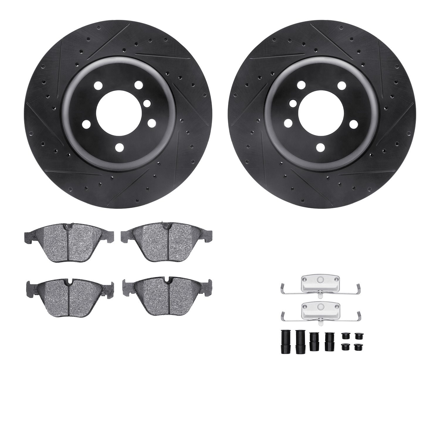 8512-31117 Drilled/Slotted Brake Rotors w/5000 Advanced Brake Pads Kit & Hardware [Black], 2011-2016 BMW, Position: Front