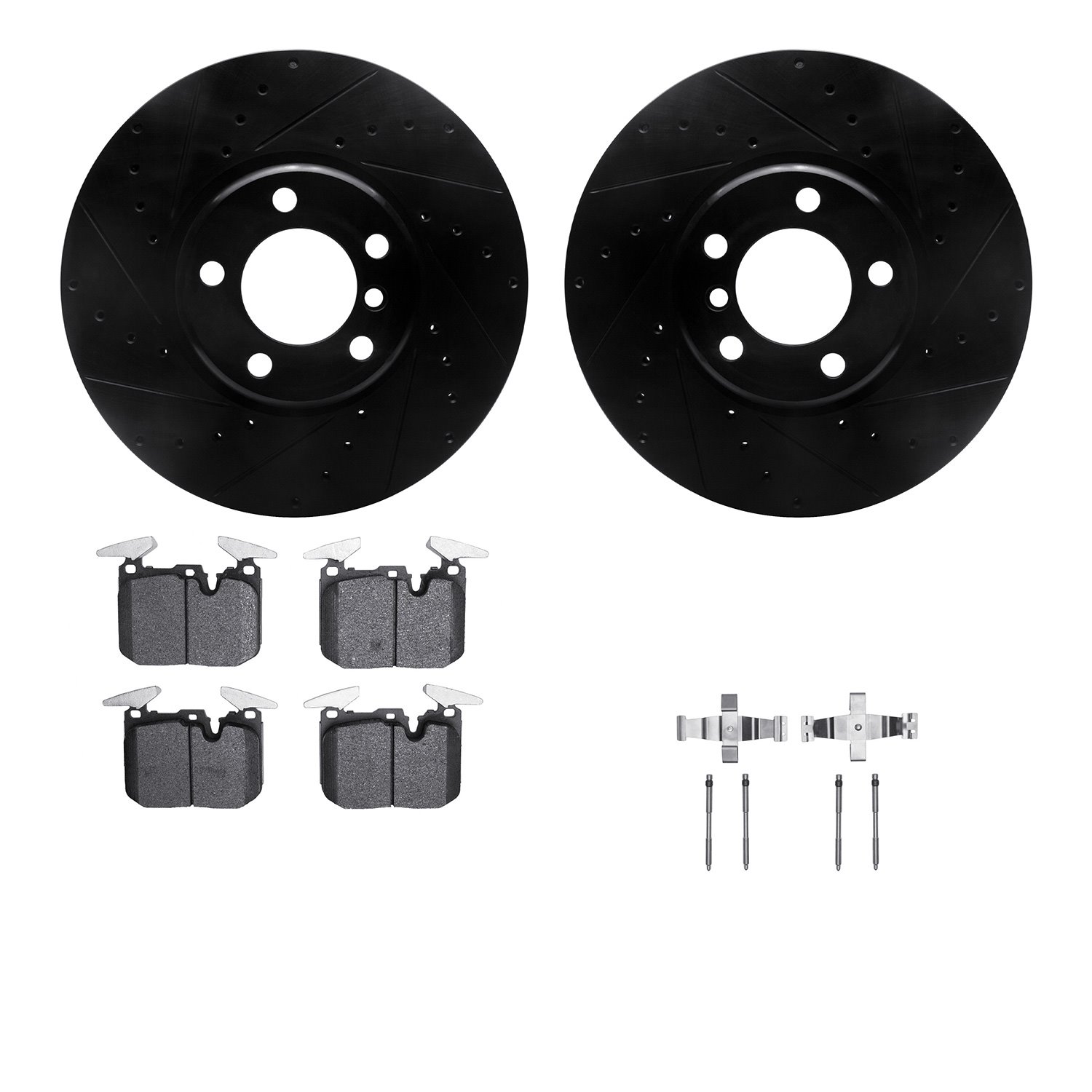 8512-31124 Drilled/Slotted Brake Rotors w/5000 Advanced Brake Pads Kit & Hardware [Black], 2012-2021 BMW, Position: Front