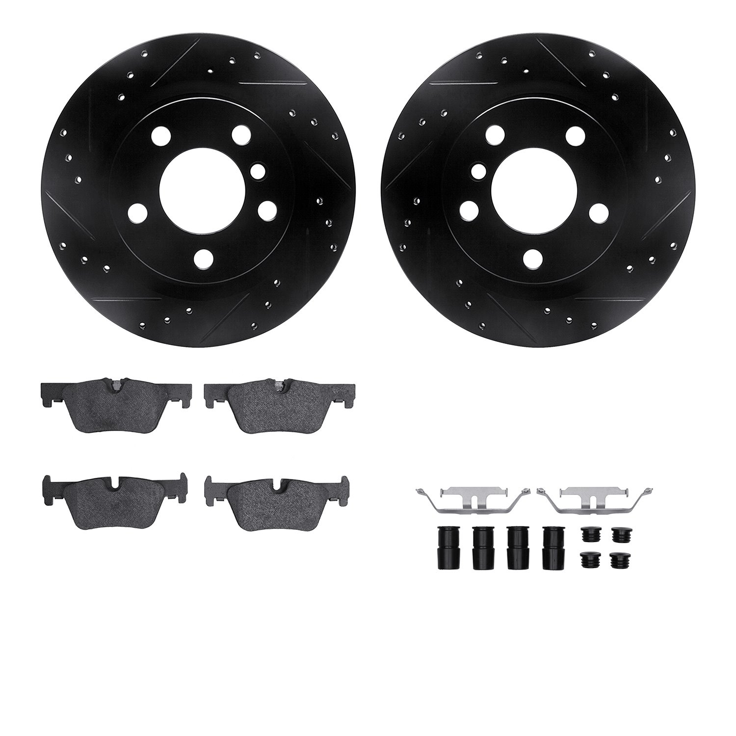 8512-31129 Drilled/Slotted Brake Rotors w/5000 Advanced Brake Pads Kit & Hardware [Black], 2012-2018 BMW, Position: Rear