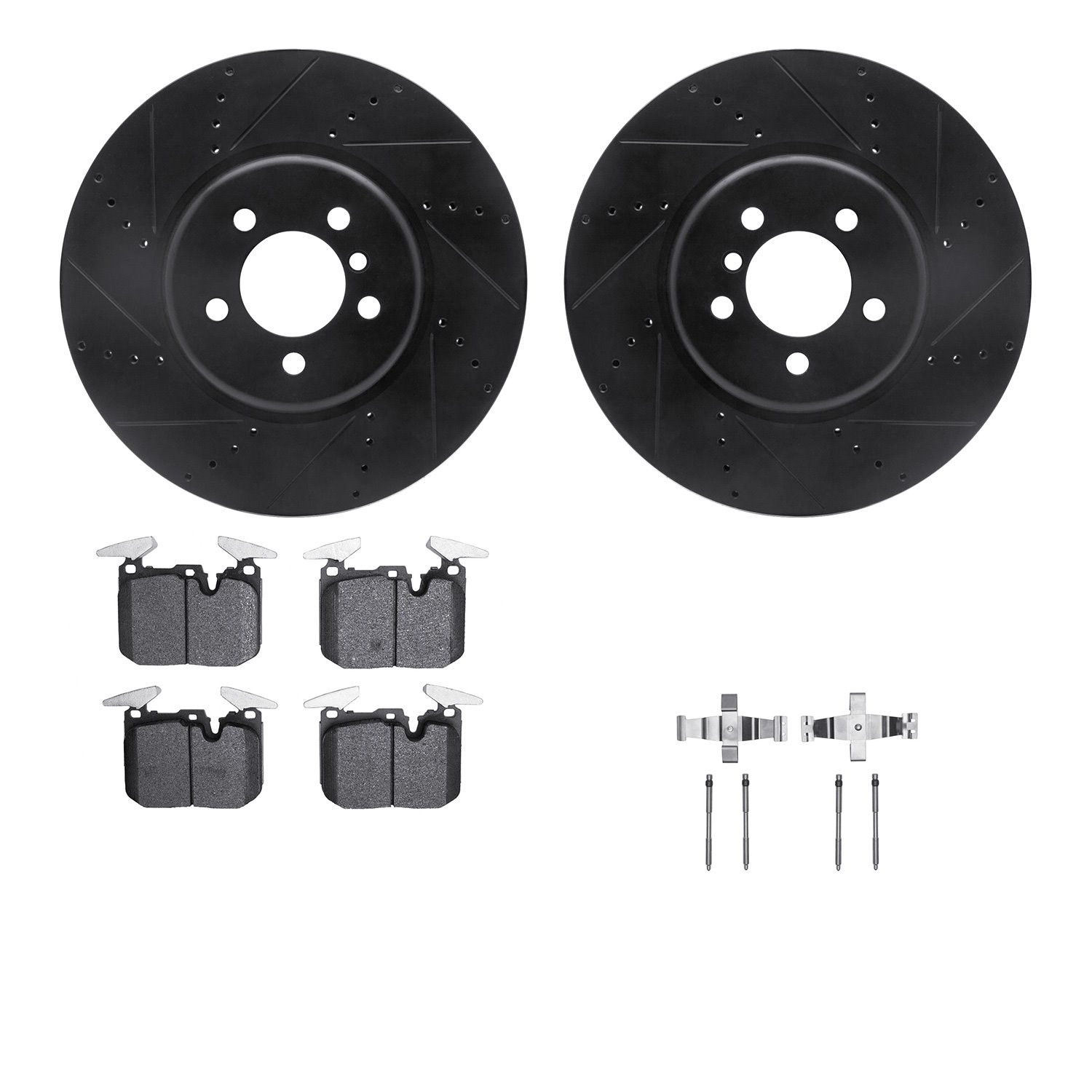 8512-31130 Drilled/Slotted Brake Rotors w/5000 Advanced Brake Pads Kit & Hardware [Black], 2013-2020 BMW, Position: Front