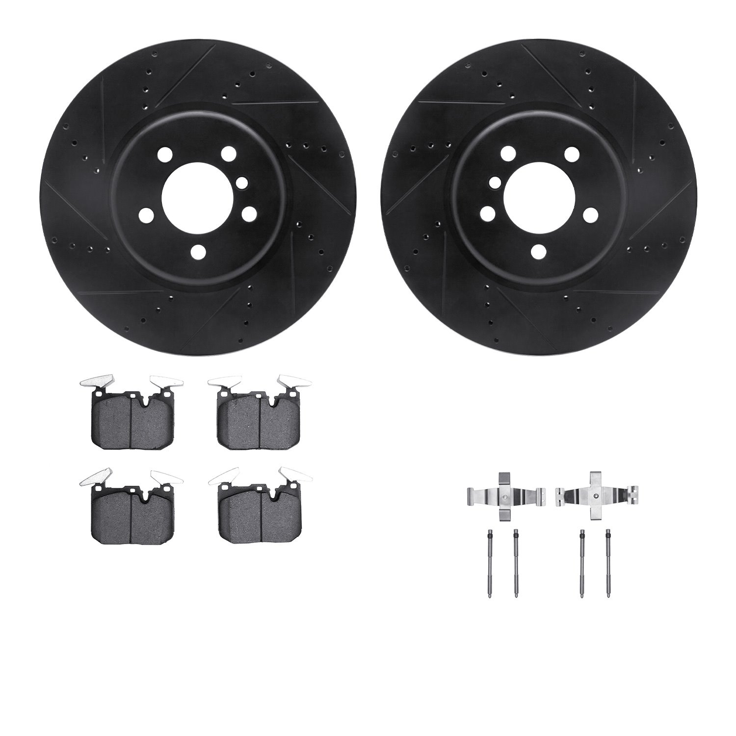 8512-31131 Drilled/Slotted Brake Rotors w/5000 Advanced Brake Pads Kit & Hardware [Black], 2013-2020 BMW, Position: Front
