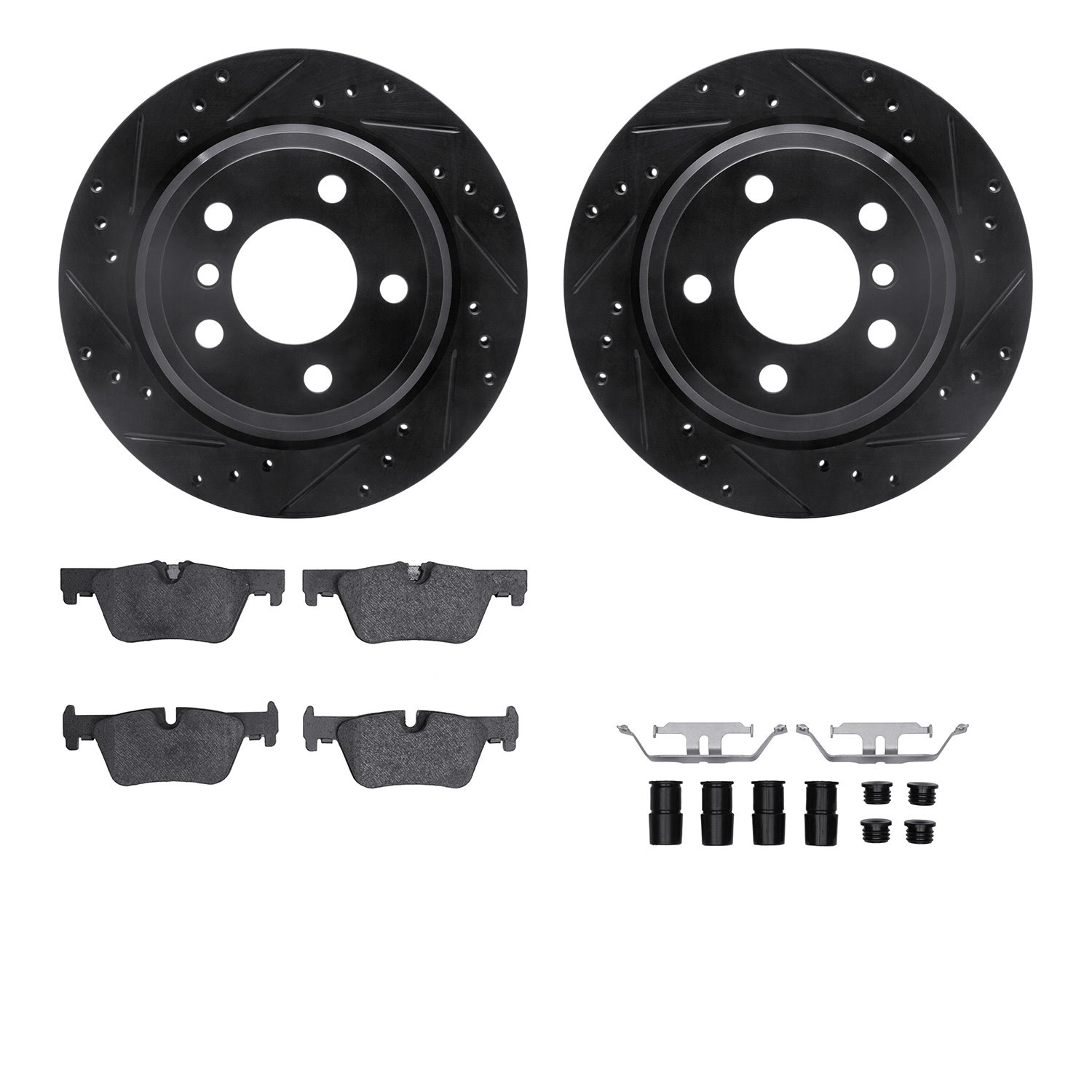 8512-31133 Drilled/Slotted Brake Rotors w/5000 Advanced Brake Pads Kit & Hardware [Black], 2013-2020 BMW, Position: Rear