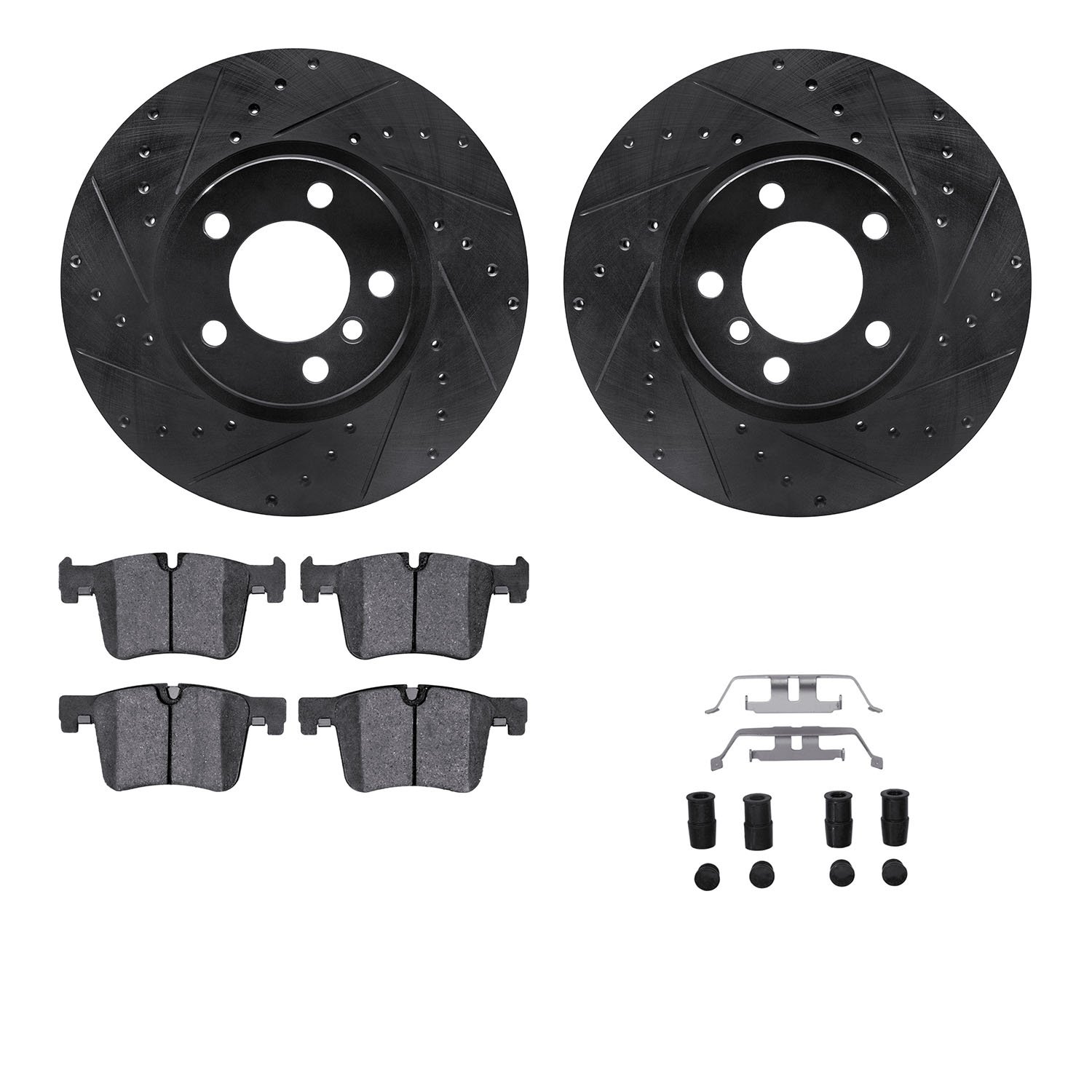 8512-31134 Drilled/Slotted Brake Rotors w/5000 Advanced Brake Pads Kit & Hardware [Black], 2015-2015 BMW, Position: Front