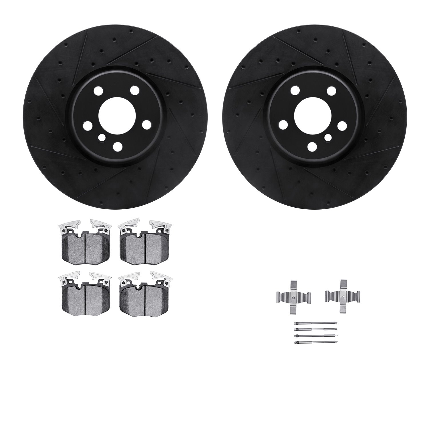 8512-31141 Drilled/Slotted Brake Rotors w/5000 Advanced Brake Pads Kit & Hardware [Black], Fits Select BMW, Position: Front
