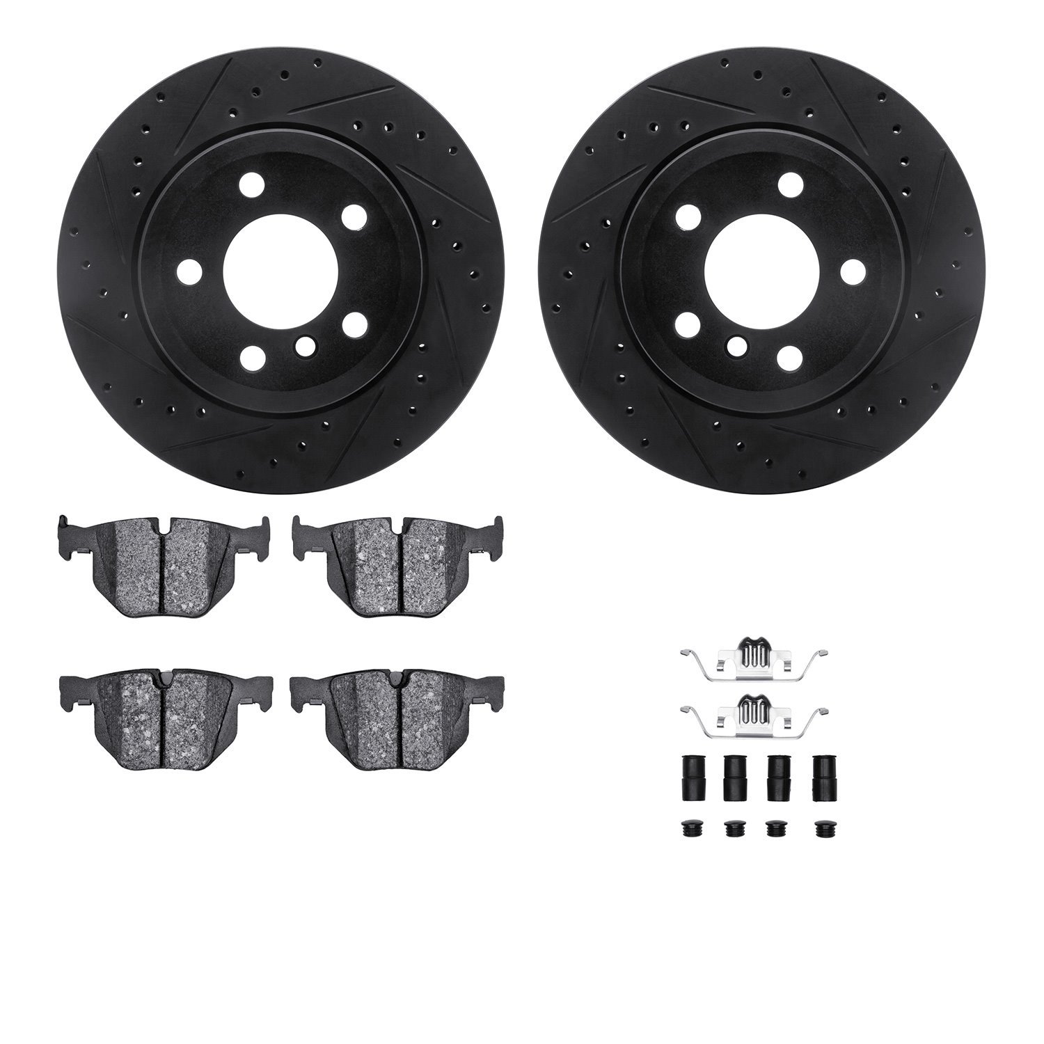 8512-31146 Drilled/Slotted Brake Rotors w/5000 Advanced Brake Pads Kit & Hardware [Black], 2007-2014 BMW, Position: Rear