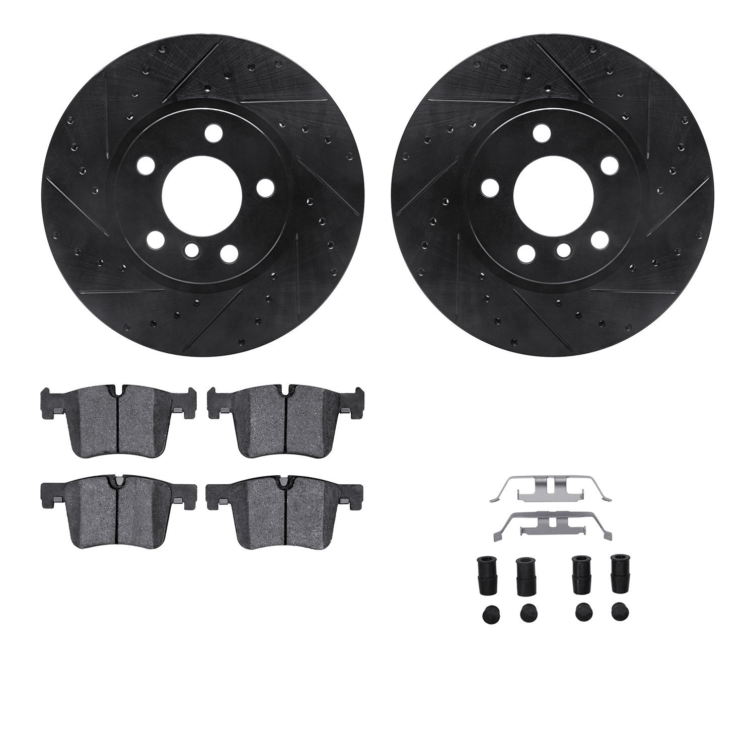 8512-31153 Drilled/Slotted Brake Rotors w/5000 Advanced Brake Pads Kit & Hardware [Black], 2011-2014 BMW, Position: Front