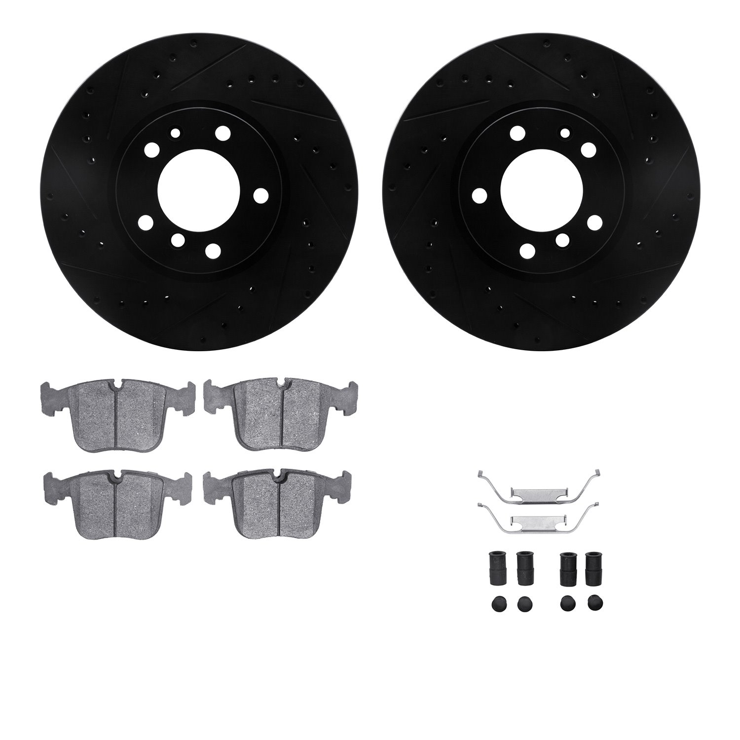 8512-31266 Drilled/Slotted Brake Rotors w/5000 Advanced Brake Pads Kit & Hardware [Black], 1994-1995 BMW, Position: Front