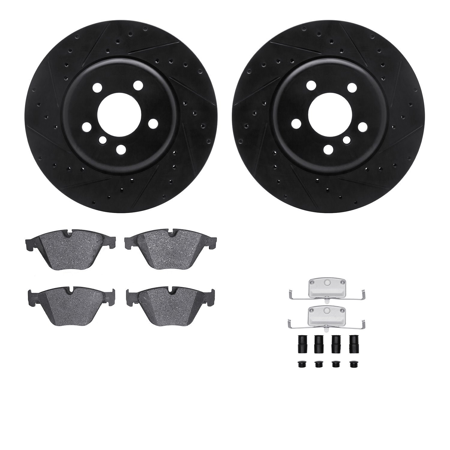 8512-31504 Drilled/Slotted Brake Rotors w/5000 Advanced Brake Pads Kit & Hardware [Black], 2011-2018 BMW, Position: Front
