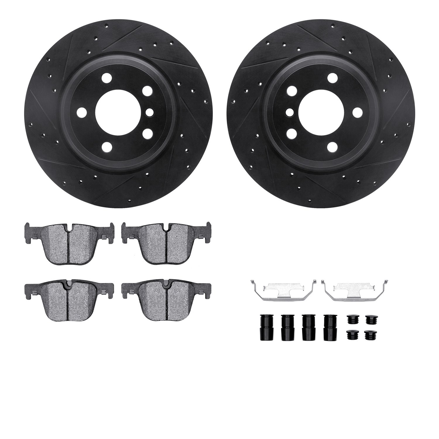8512-31566 Drilled/Slotted Brake Rotors w/5000 Advanced Brake Pads Kit & Hardware [Black], 2012-2020 BMW, Position: Rear