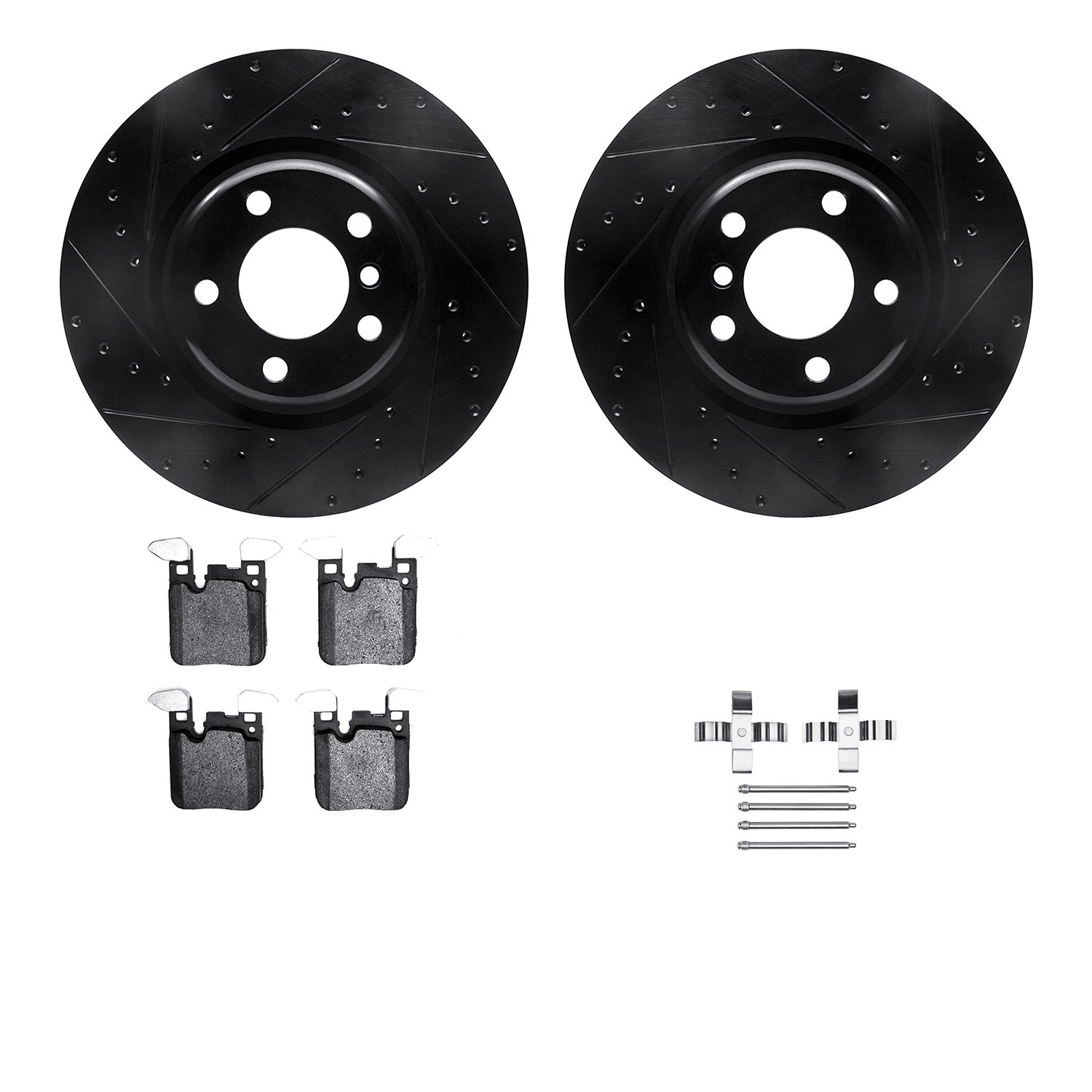 8512-31587 Drilled/Slotted Brake Rotors w/5000 Advanced Brake Pads Kit & Hardware [Black], 2012-2020 BMW, Position: Rear