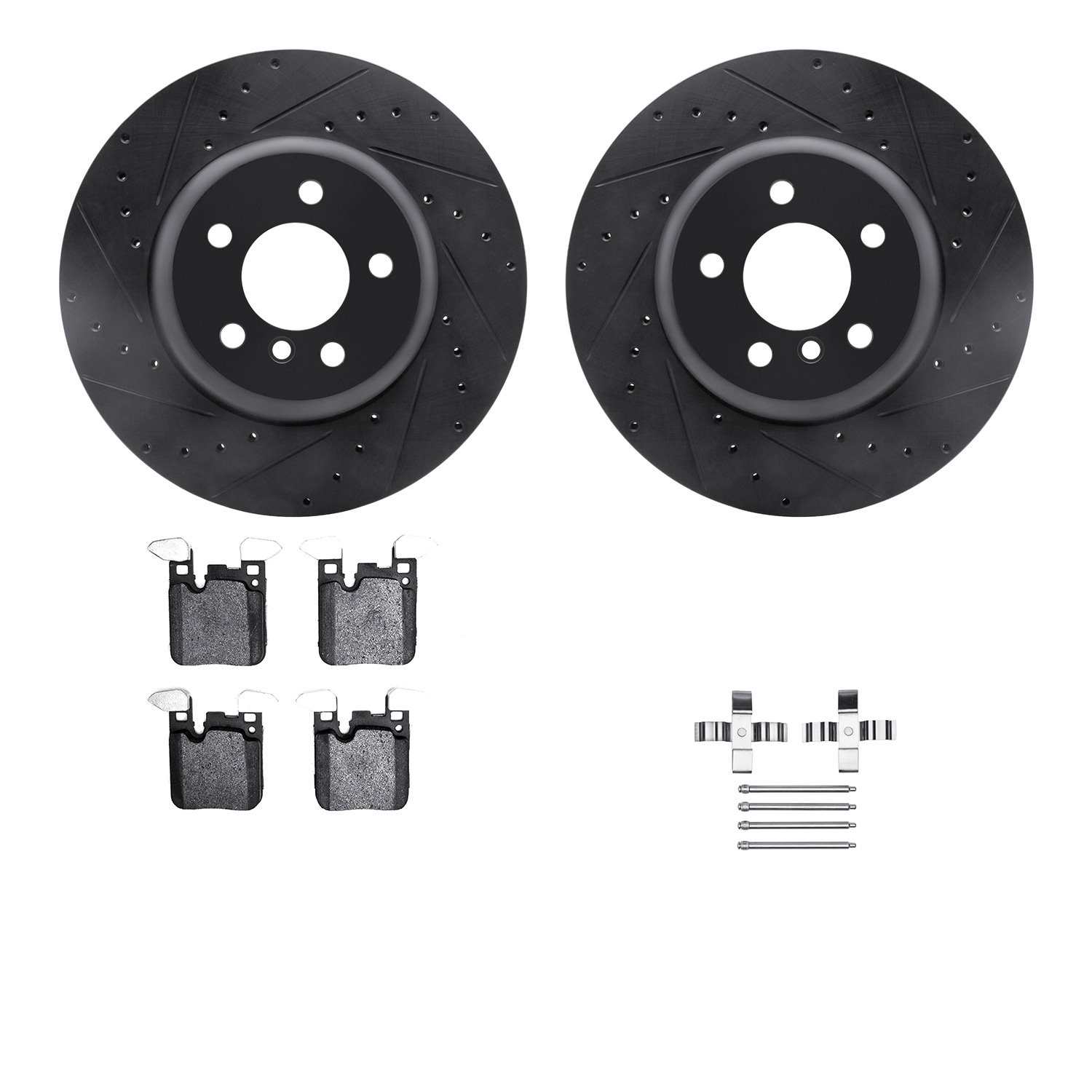 8512-31590 Drilled/Slotted Brake Rotors w/5000 Advanced Brake Pads Kit & Hardware [Black], 2013-2021 BMW, Position: Rear