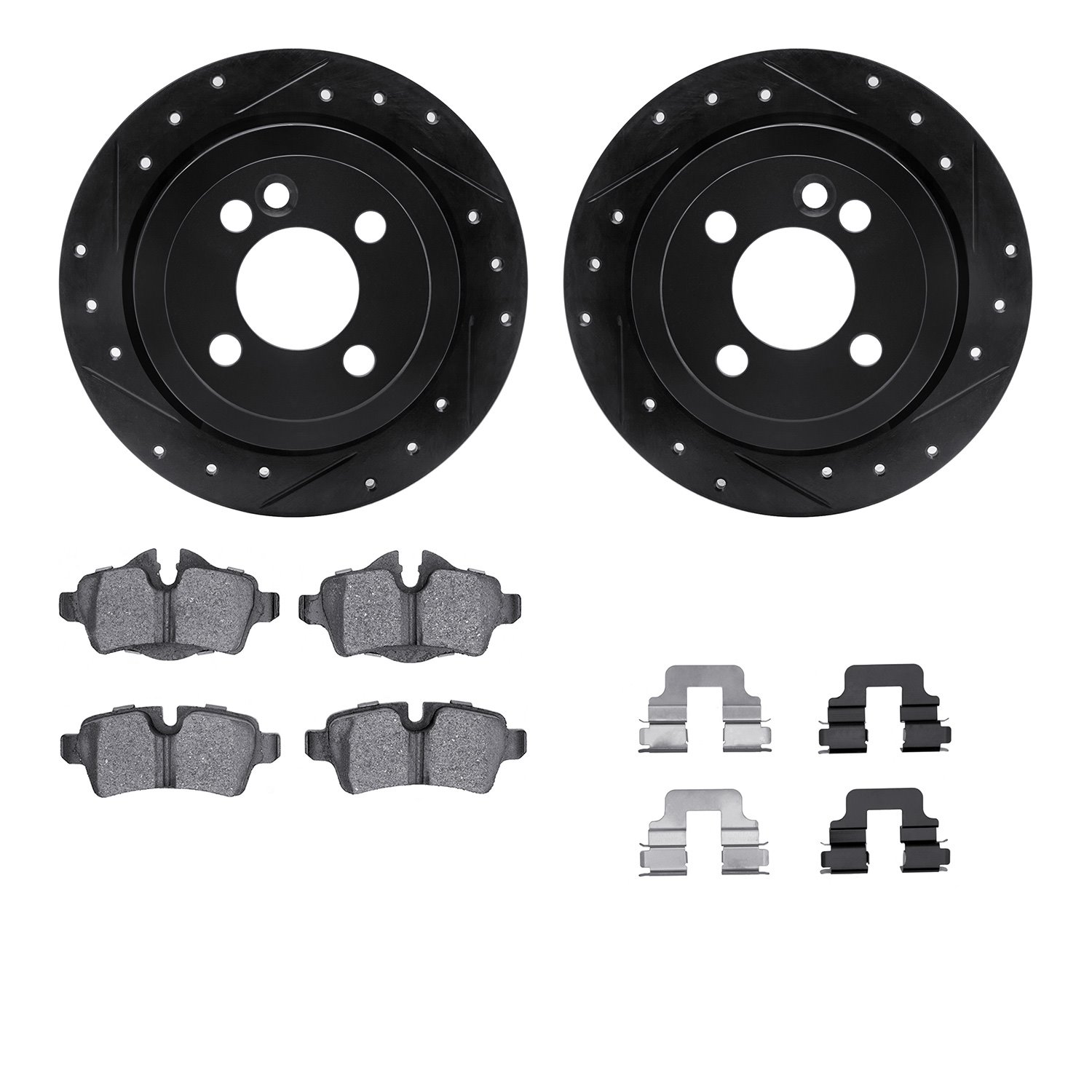 8512-32004 Drilled/Slotted Brake Rotors w/5000 Advanced Brake Pads Kit & Hardware [Black], 2007-2015 Mini, Position: Rear