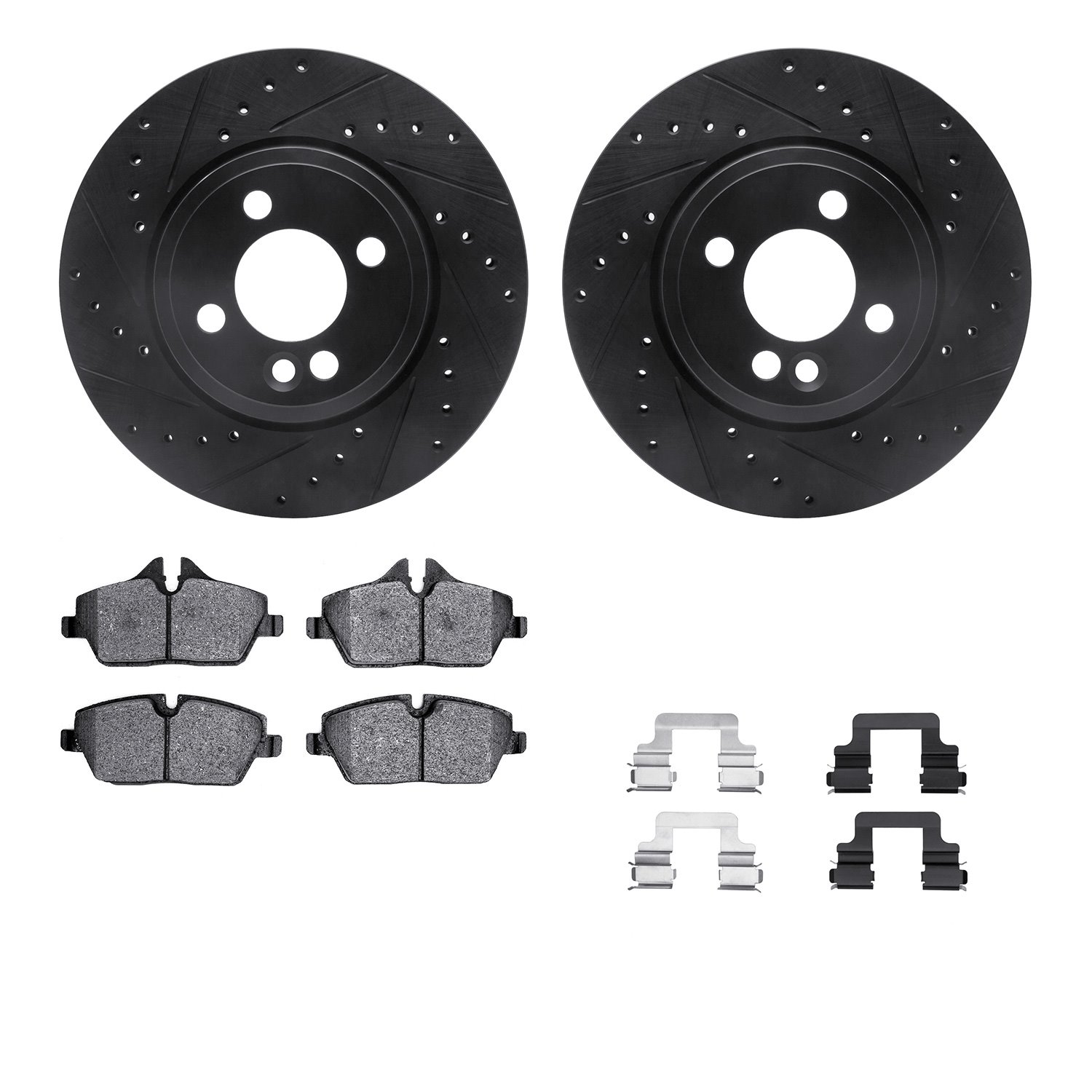 8512-32006 Drilled/Slotted Brake Rotors w/5000 Advanced Brake Pads Kit & Hardware [Black], 2007-2015 Mini, Position: Front