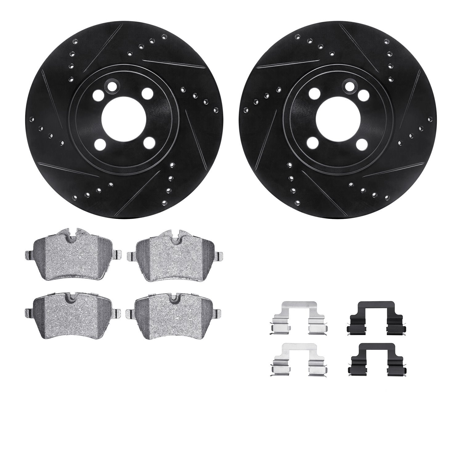 8512-32008 Drilled/Slotted Brake Rotors w/5000 Advanced Brake Pads Kit & Hardware [Black], 2007-2015 Mini, Position: Front