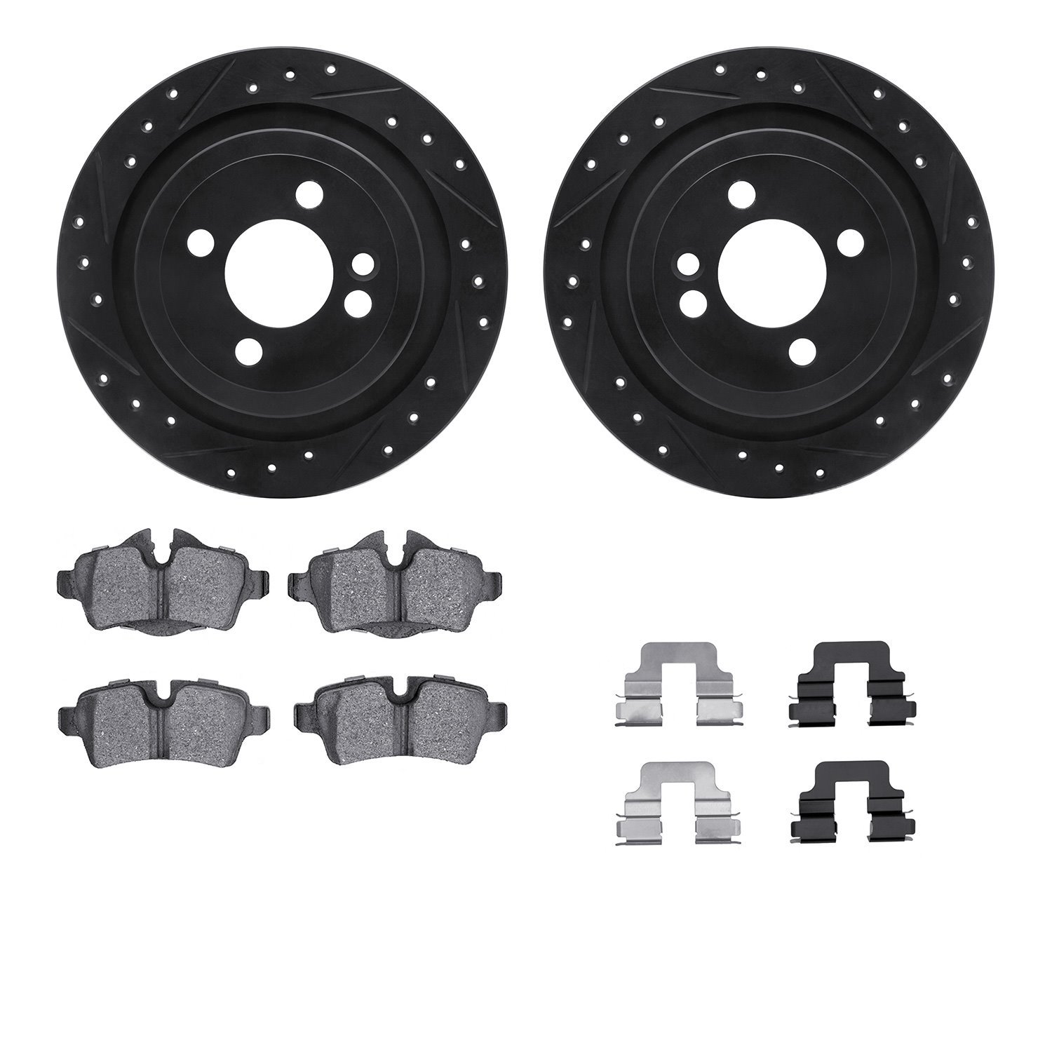 8512-32009 Drilled/Slotted Brake Rotors w/5000 Advanced Brake Pads Kit & Hardware [Black], 2009-2014 Mini, Position: Rear