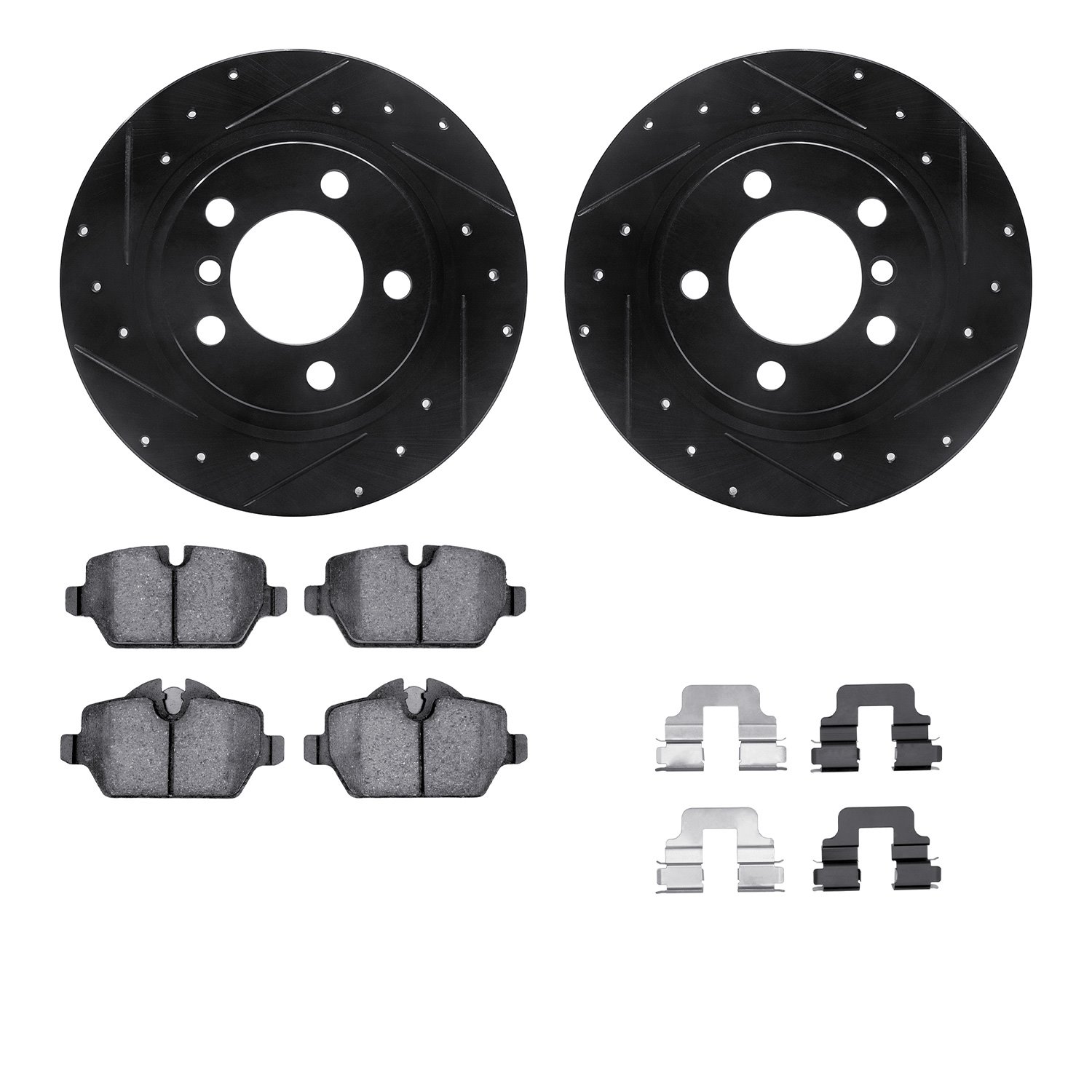 8512-32015 Drilled/Slotted Brake Rotors w/5000 Advanced Brake Pads Kit & Hardware [Black], 2013-2016 Mini, Position: Rear