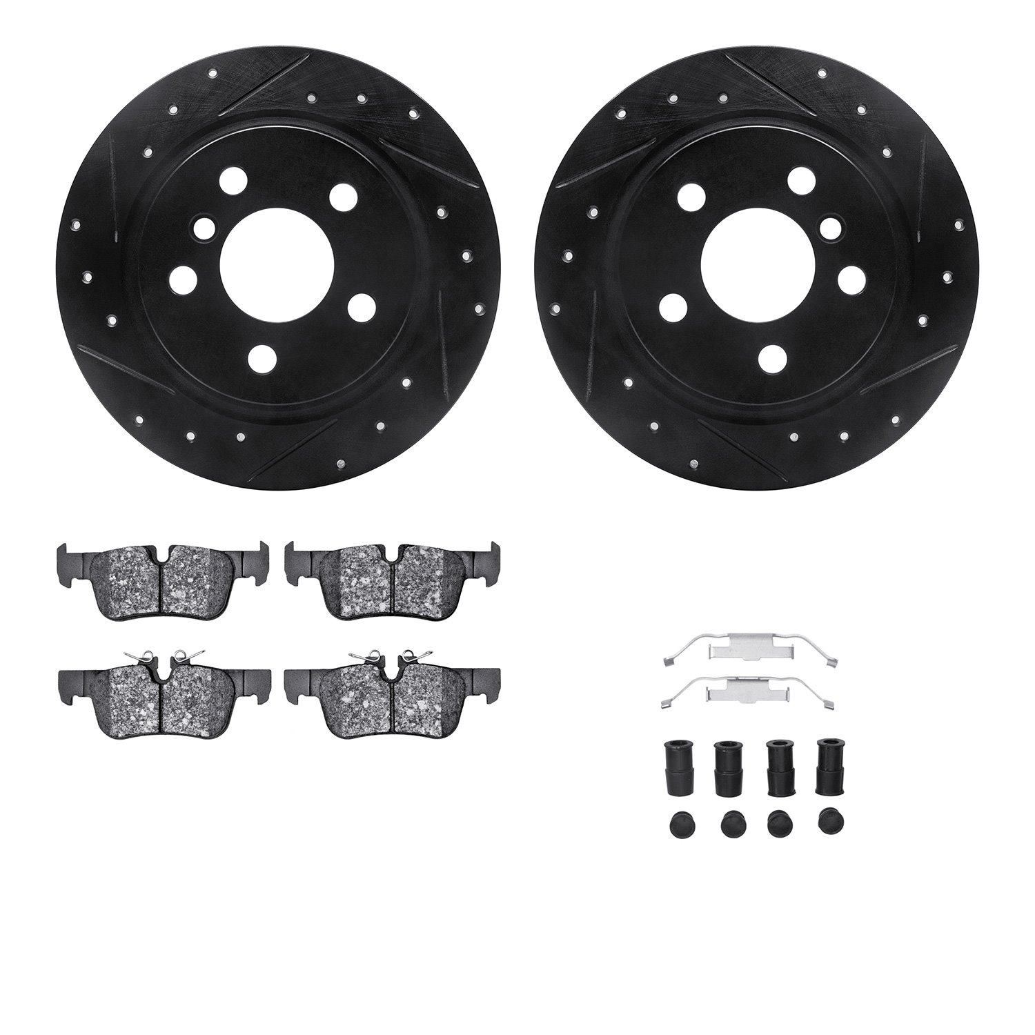 8512-32020 Drilled/Slotted Brake Rotors w/5000 Advanced Brake Pads Kit & Hardware [Black], 2015-2019 Multiple Makes/Models, Posi
