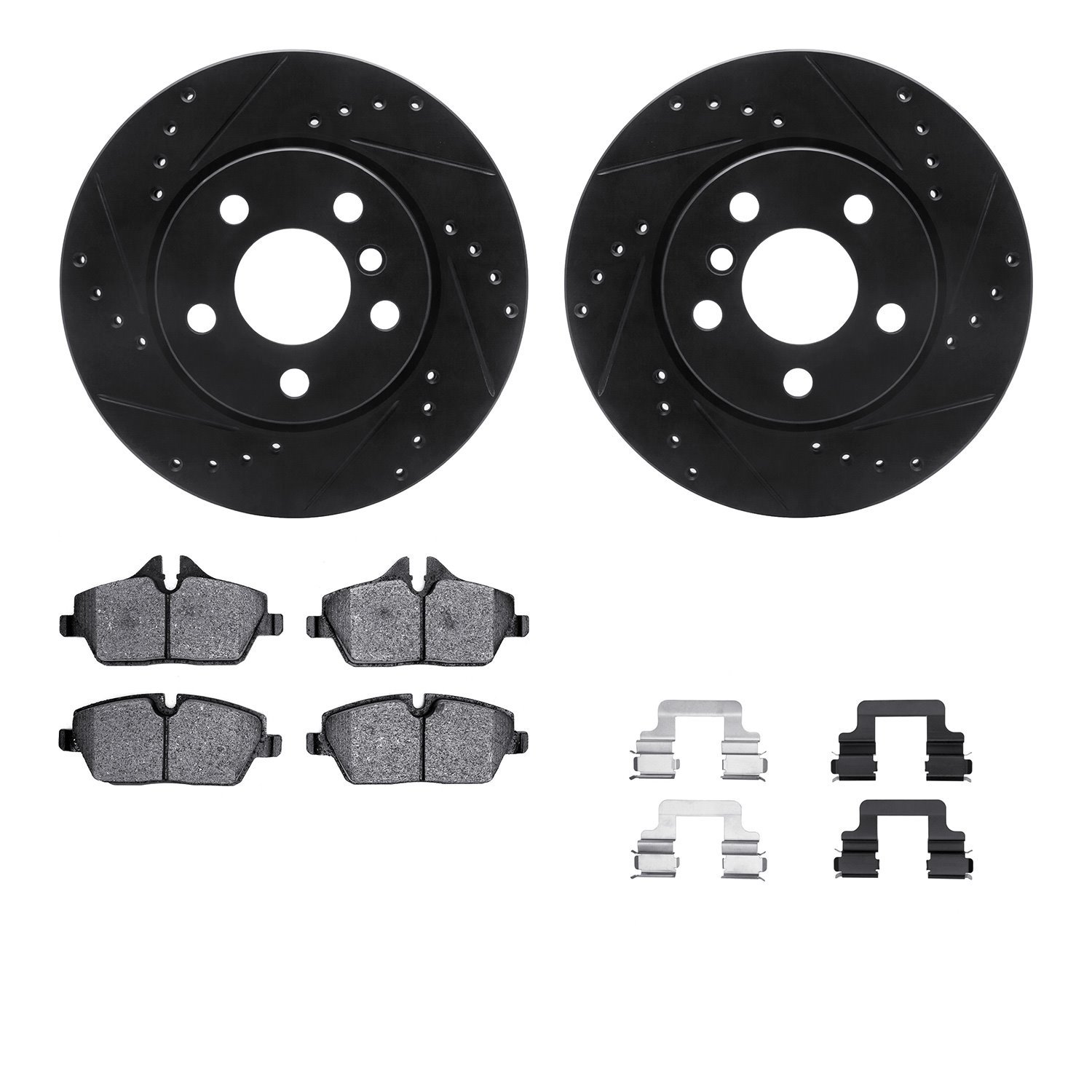 8512-32021 Drilled/Slotted Brake Rotors w/5000 Advanced Brake Pads Kit & Hardware [Black], 2014-2019 Mini, Position: Front