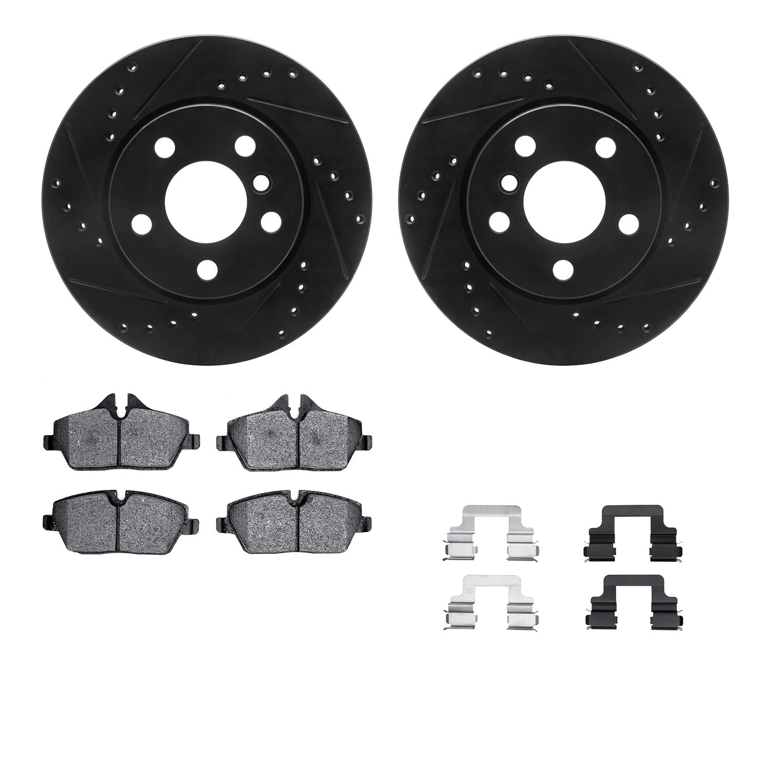 8512-32022 Drilled/Slotted Brake Rotors w/5000 Advanced Brake Pads Kit & Hardware [Black], Fits Select Mini, Position: Front