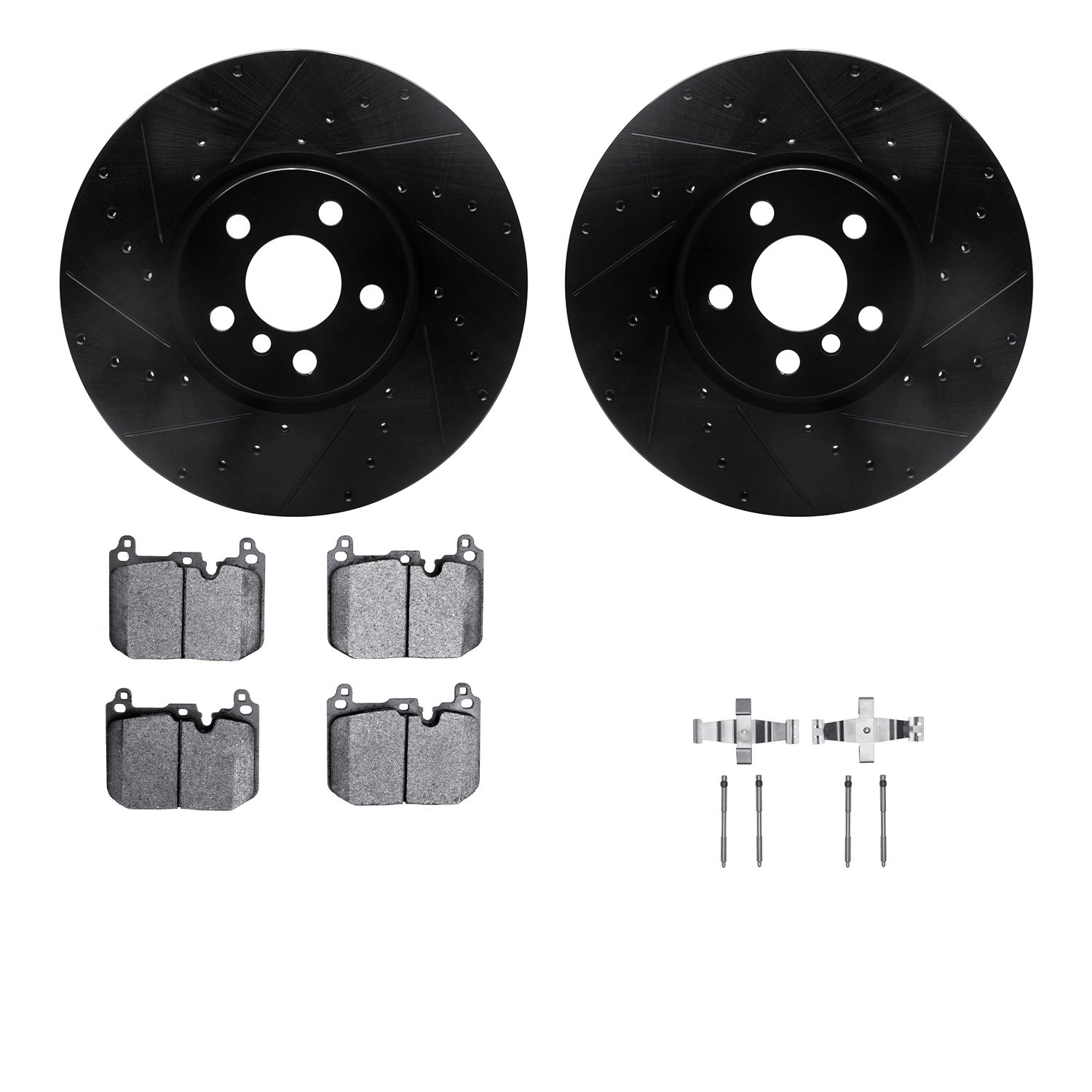 8512-32023 Drilled/Slotted Brake Rotors w/5000 Advanced Brake Pads Kit & Hardware [Black], 2015-2019 Mini, Position: Front
