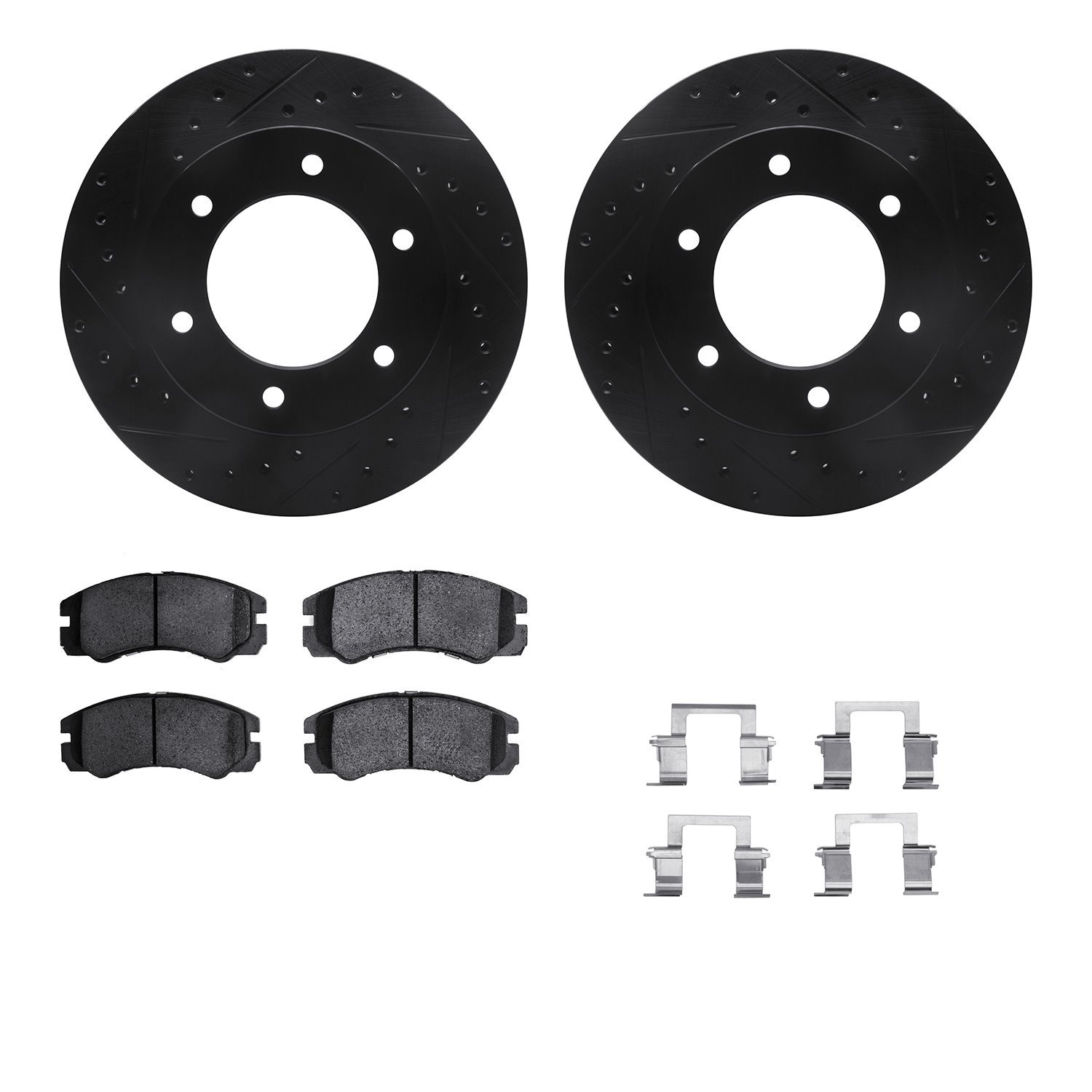 8512-37013 Drilled/Slotted Brake Rotors w/5000 Advanced Brake Pads Kit & Hardware [Black], 2001-2001 GM, Position: Front