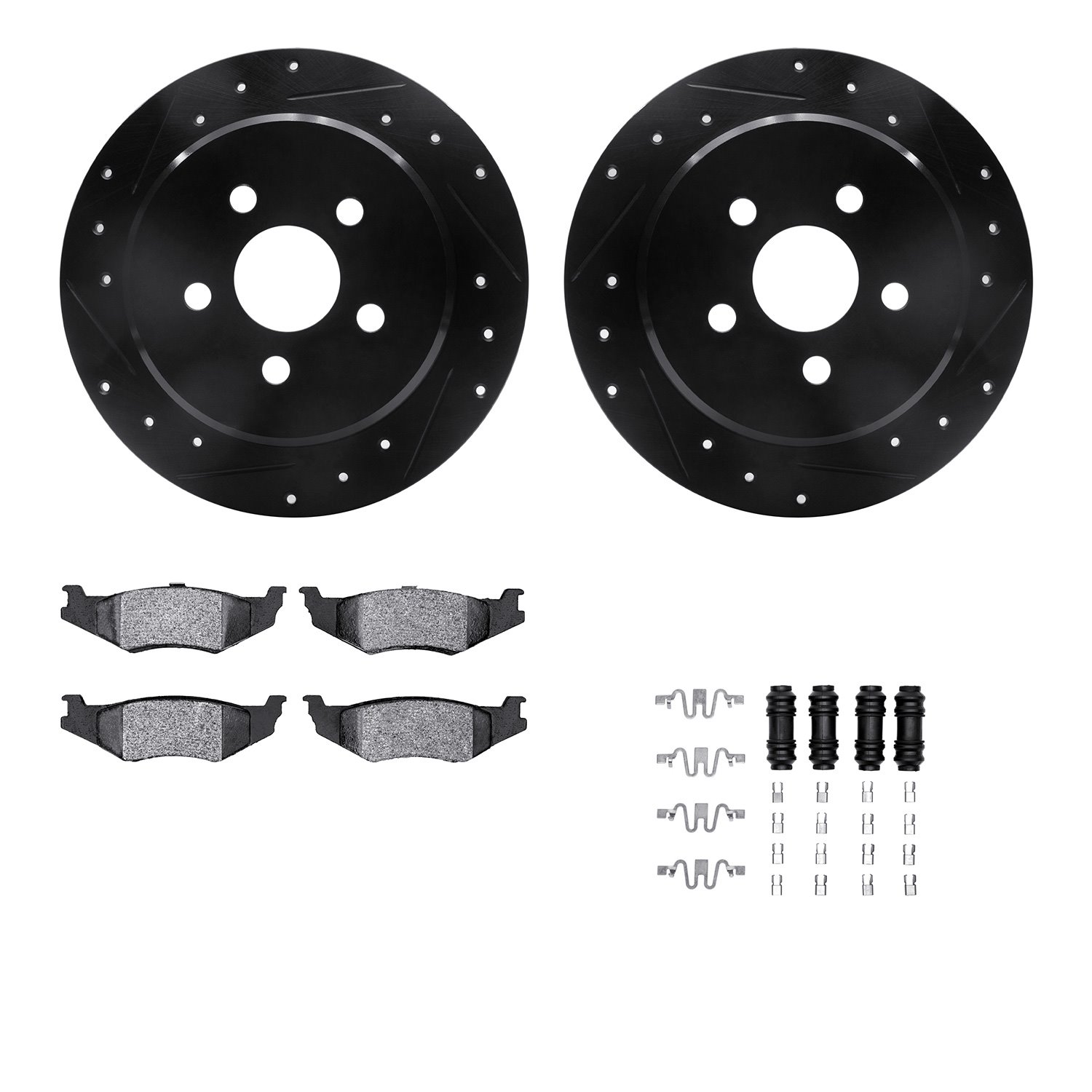 8512-39003 Drilled/Slotted Brake Rotors w/5000 Advanced Brake Pads Kit & Hardware [Black], 1995-2007 Mopar, Position: Rear