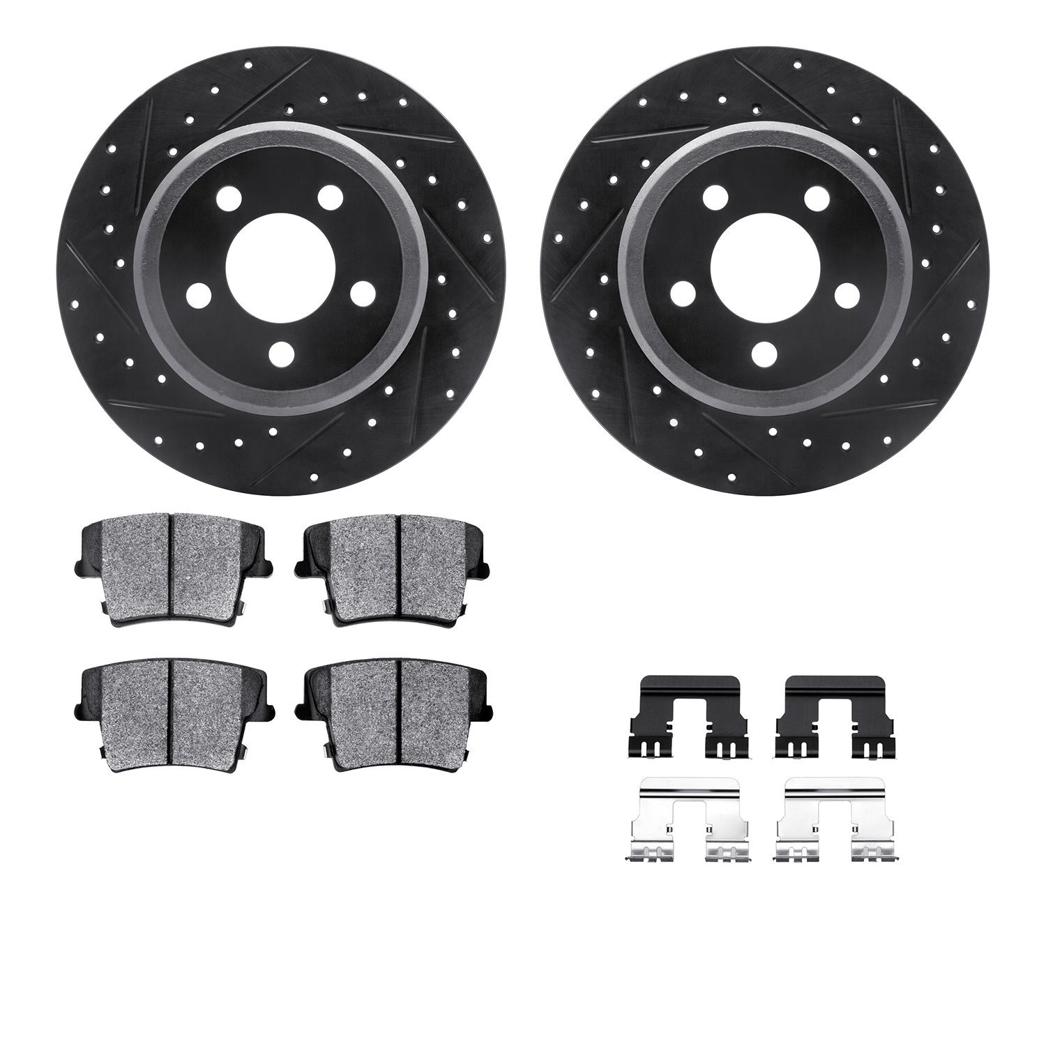 8512-39006 Drilled/Slotted Brake Rotors w/5000 Advanced Brake Pads Kit & Hardware [Black], Fits Select Mopar, Position: Rear