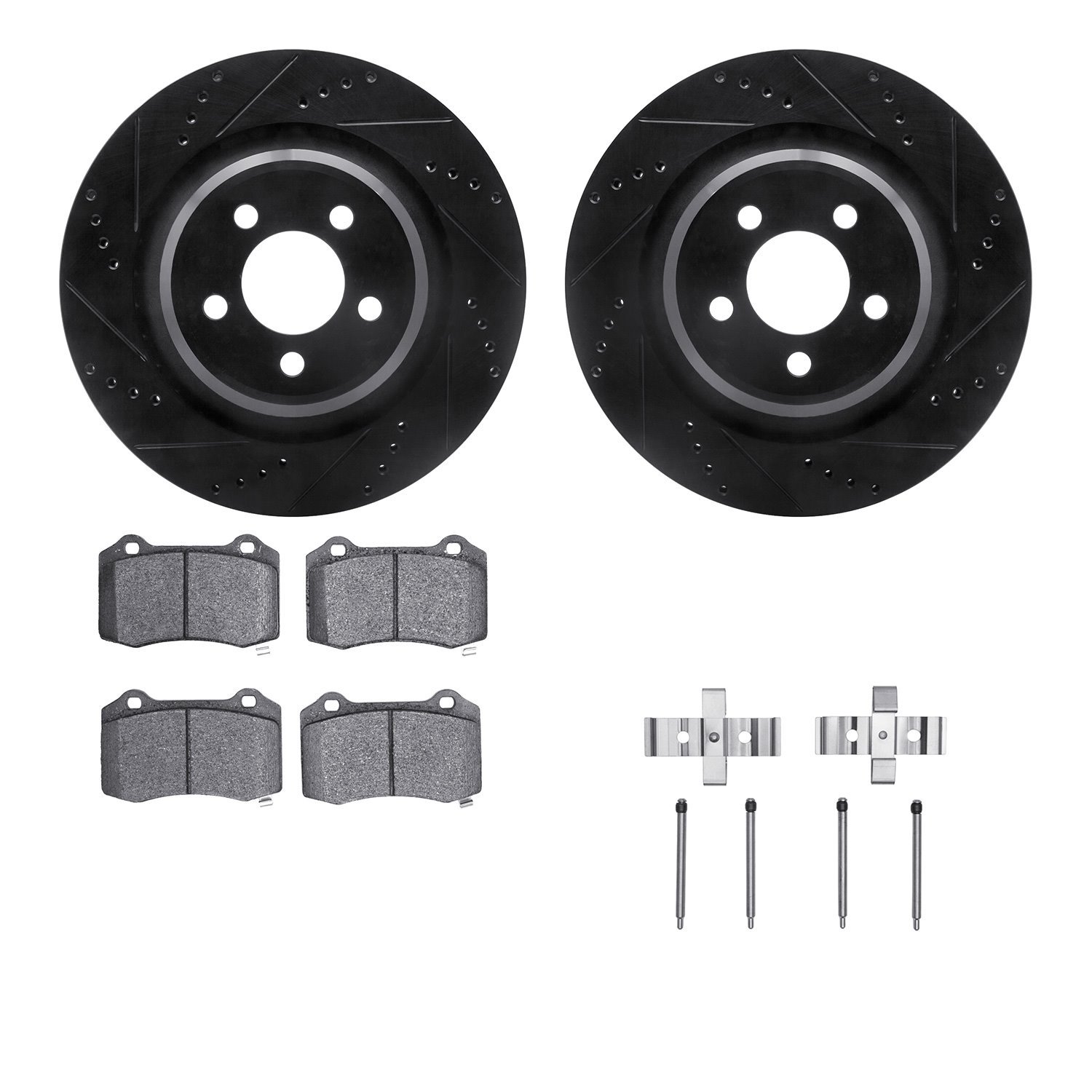 8512-39013 Drilled/Slotted Brake Rotors w/5000 Advanced Brake Pads Kit & Hardware [Black], Fits Select Mopar, Position: Rear