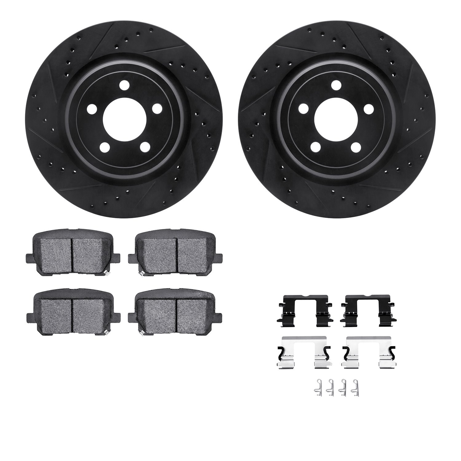 8512-39014 Drilled/Slotted Brake Rotors w/5000 Advanced Brake Pads Kit & Hardware [Black], Fits Select Mopar, Position: Rear