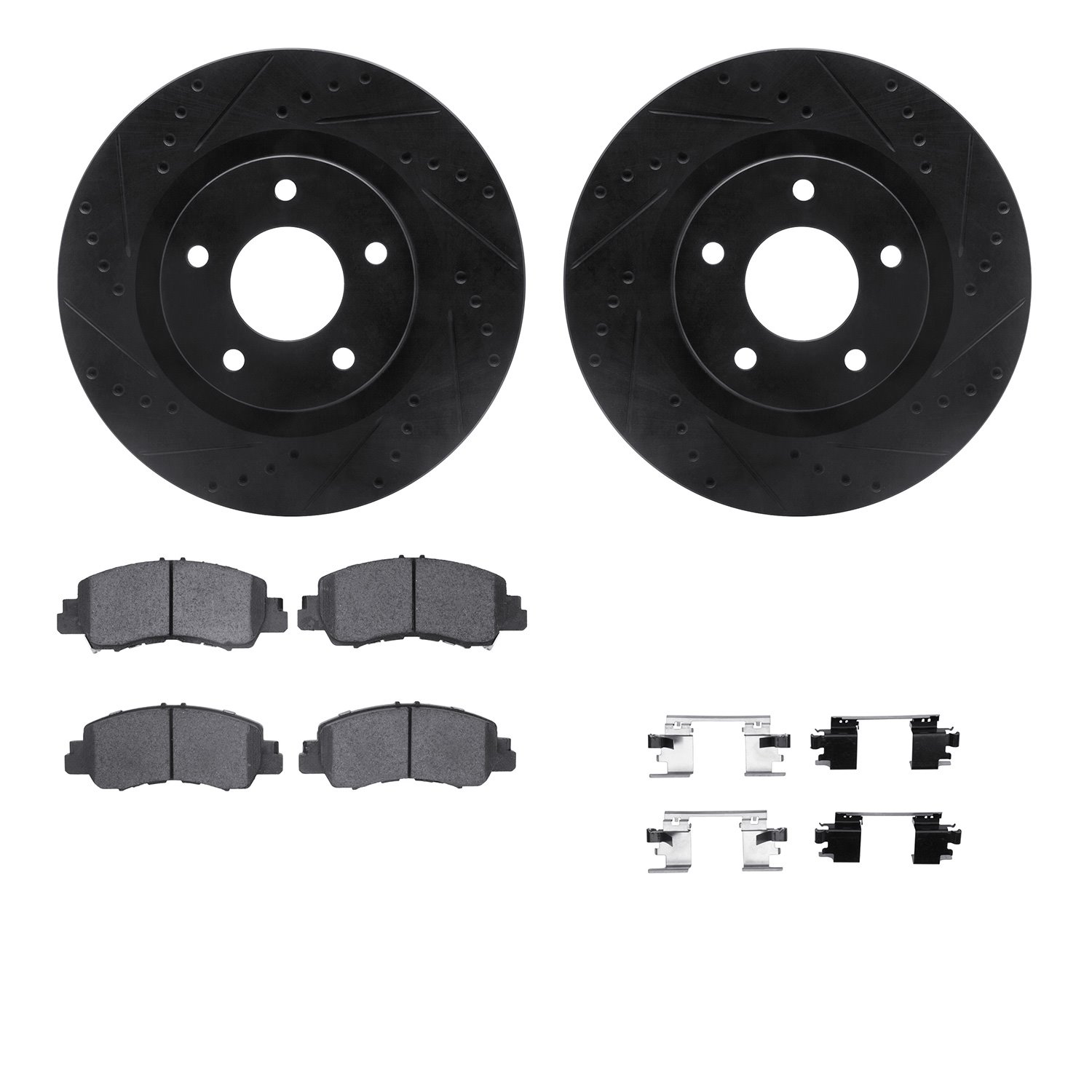 8512-39015 Drilled/Slotted Brake Rotors w/5000 Advanced Brake Pads Kit & Hardware [Black], Fits Select Mitsubishi, Position: Fro