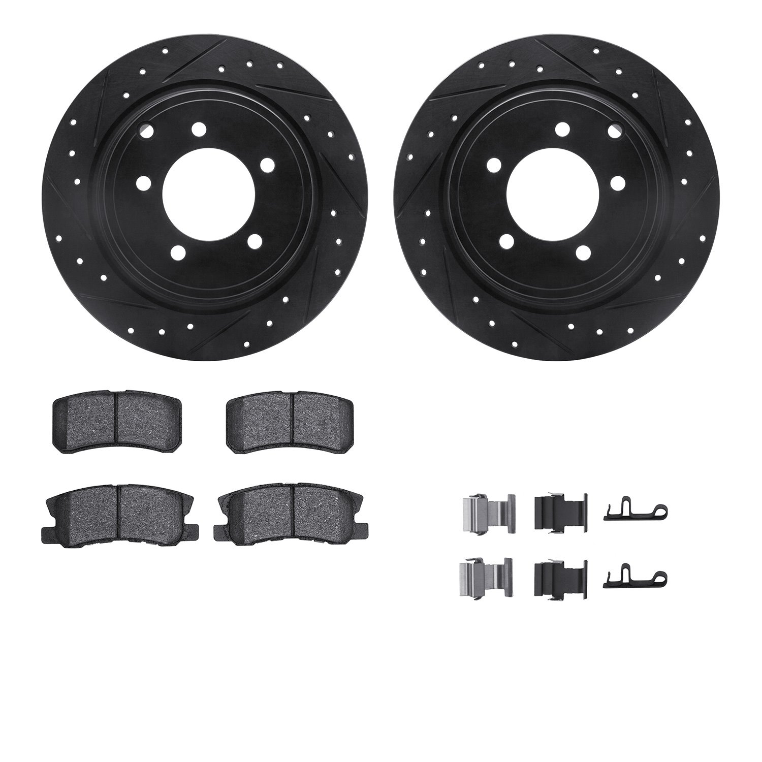 8512-39027 Drilled/Slotted Brake Rotors w/5000 Advanced Brake Pads Kit & Hardware [Black], 2007-2017 Multiple Makes/Models, Posi