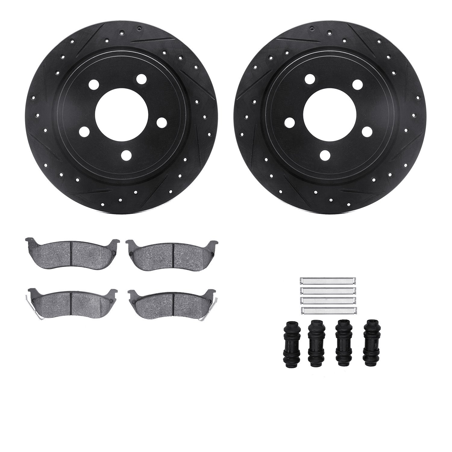 8512-39030 Drilled/Slotted Brake Rotors w/5000 Advanced Brake Pads Kit & Hardware [Black], 2004-2008 Mopar, Position: Rear