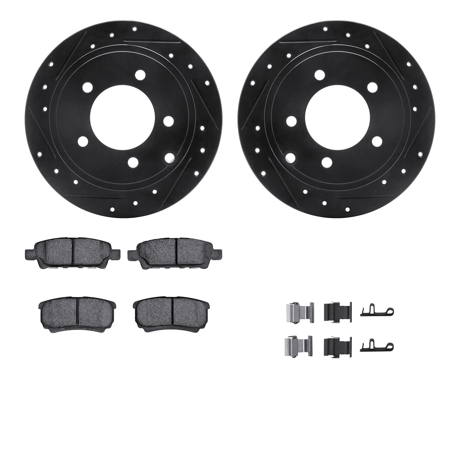 8512-39031 Drilled/Slotted Brake Rotors w/5000 Advanced Brake Pads Kit & Hardware [Black], 2007-2017 Multiple Makes/Models, Posi