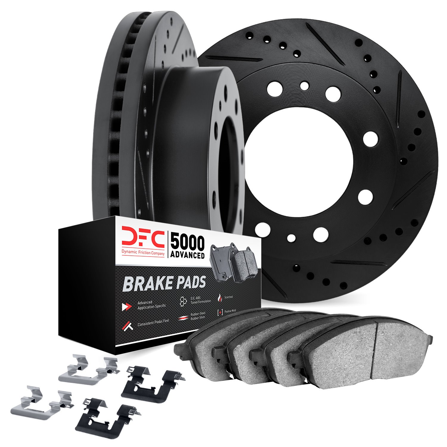 8512-40017 Drilled/Slotted Brake Rotors w/5000 Advanced Brake Pads Kit & Hardware [Black], 1989-1993 Mopar, Position: Front